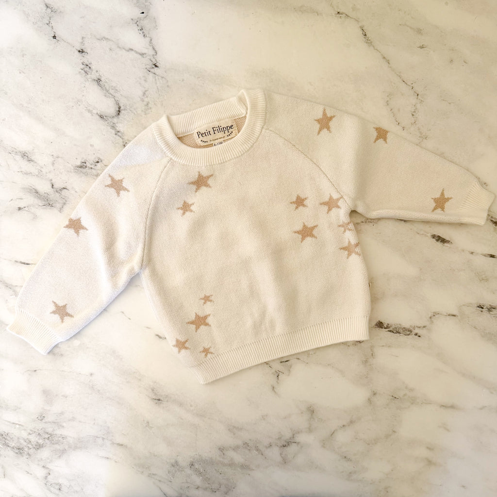 Petit Filippe Cream Tan Starry Knit Pullover Sweater | 9-12m