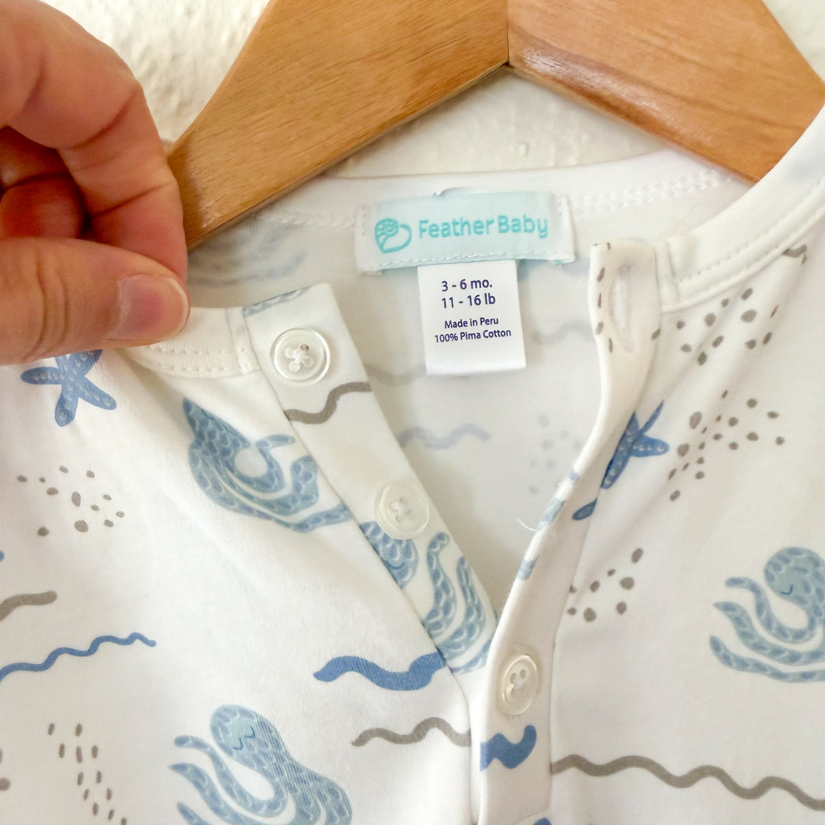 Feather Baby Cream Ocean Print Pima Cotton Long Sleeve Snap Footed Sleeper | 3-6m