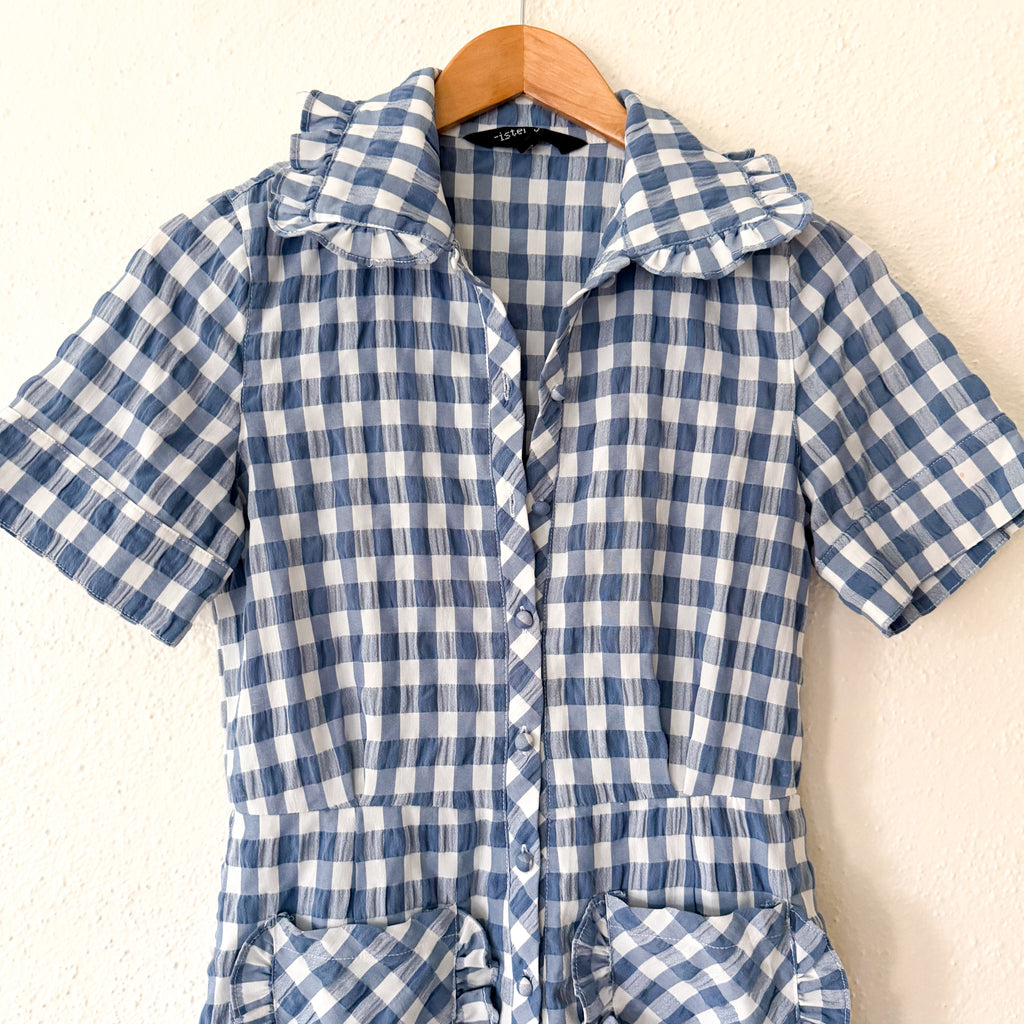 Sister Jane Blue Gingham Ruffle Patch Pocket Romper | XS