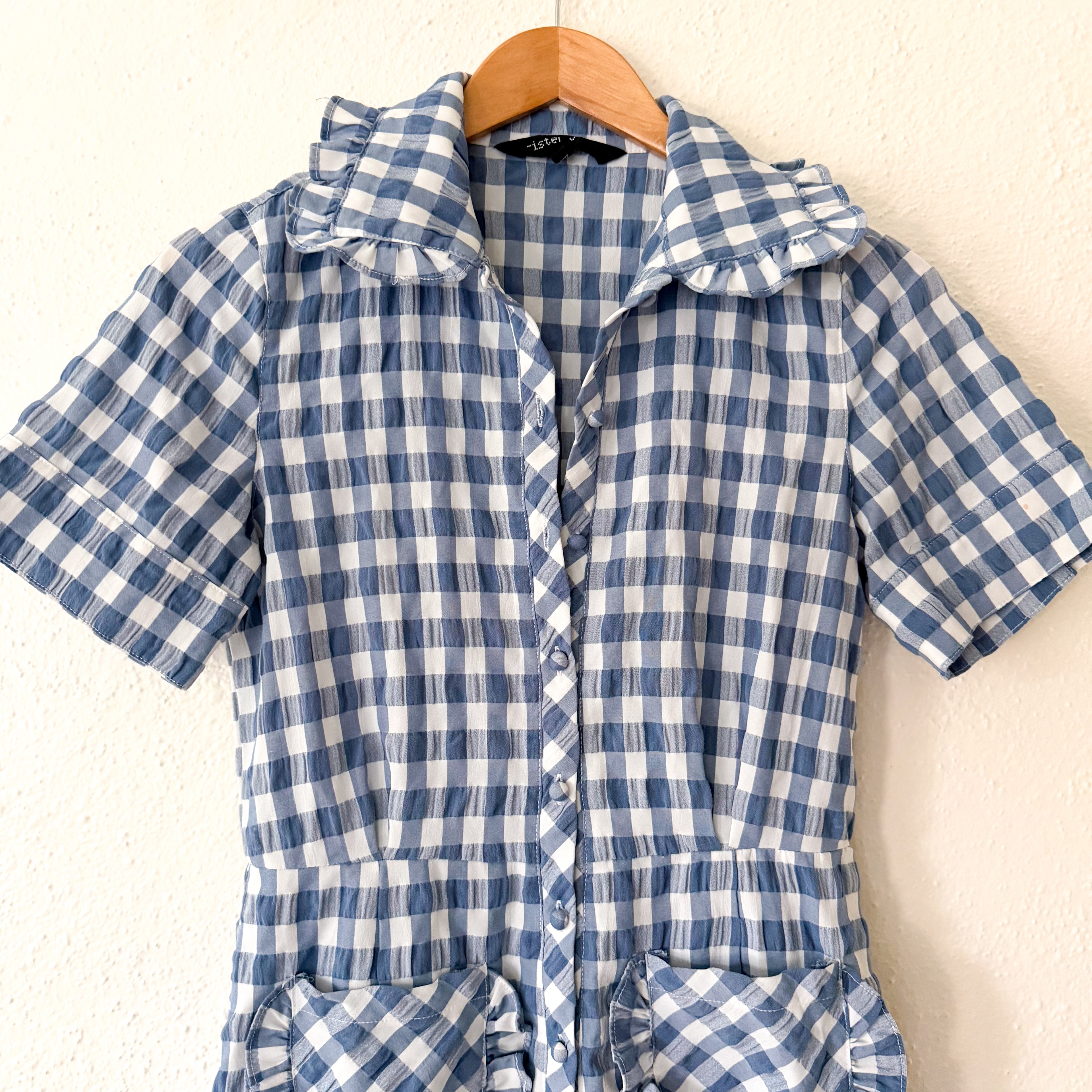 Sister Jane Blue Gingham Ruffle Patch Pocket Romper | XS