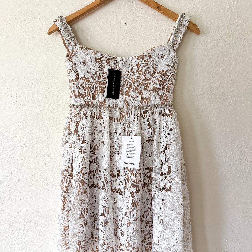 Self-Portrait White Diamante Rhinestone Embellished Lace Midi Dress | 0
