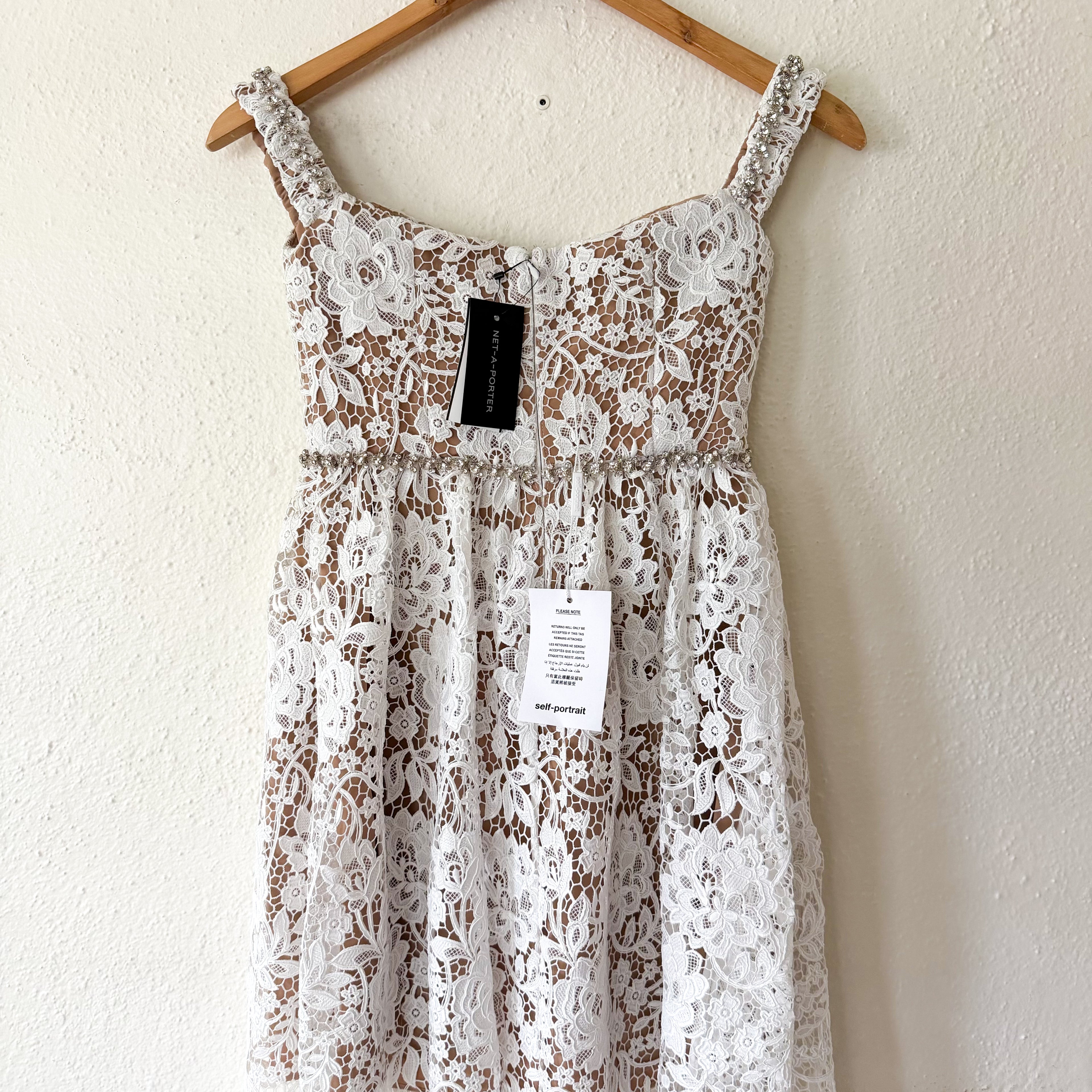 Self-Portrait White Diamante Rhinestone Embellished Lace Midi Dress | 0