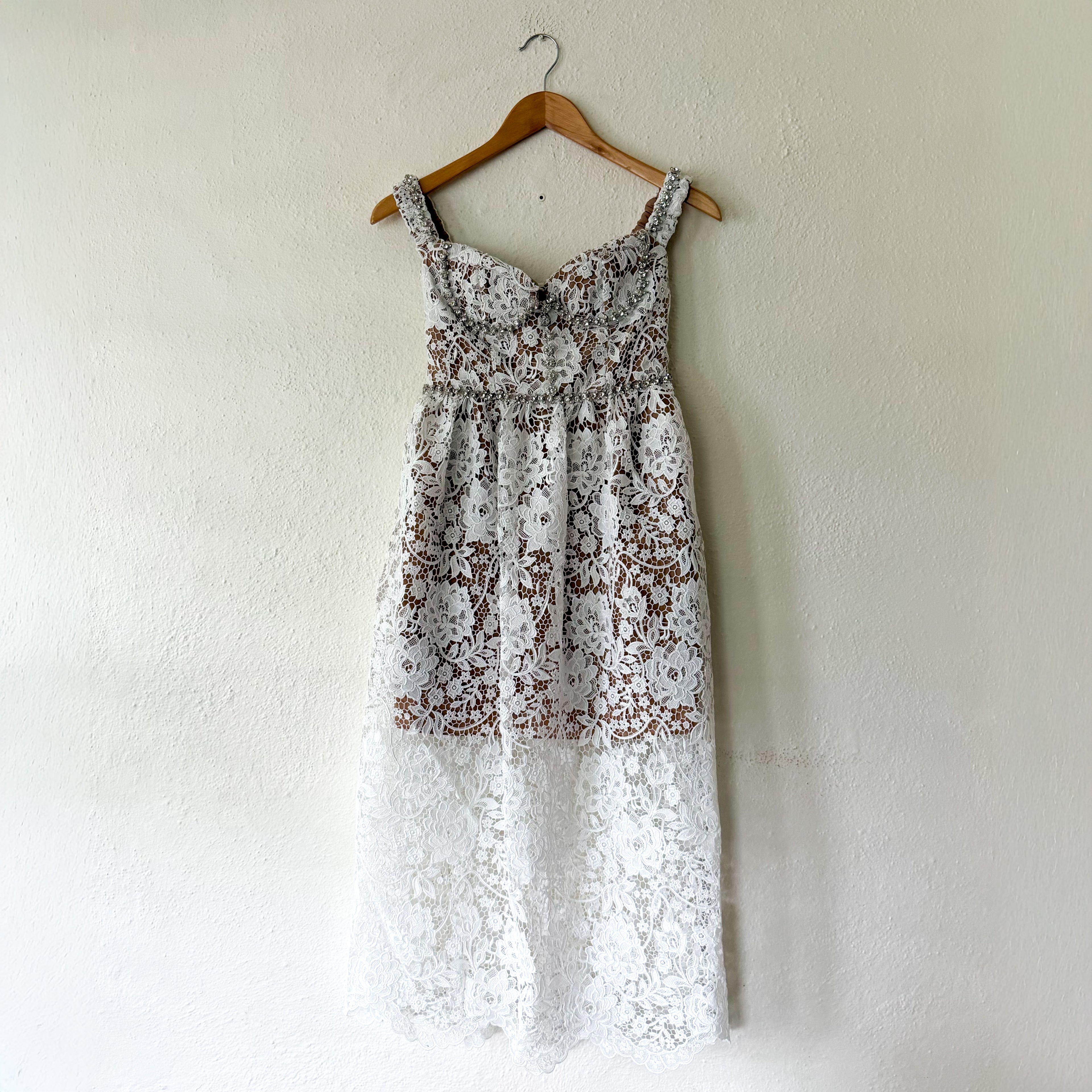 Self-Portrait White Diamante Rhinestone Embellished Lace Midi Dress | 0