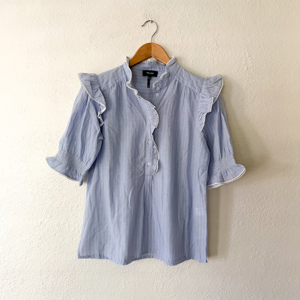 ME+EM Ruffle Mockneck Half Button Up Elbow Sleeve Cotton Blouse in Blue Stripe | 2