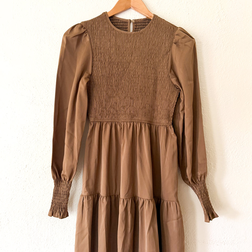 CUPSHE Brown Smocked Tiered High Neck Long Sleeve Maxi Dress | XS