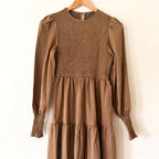 CUPSHE Brown Smocked Tiered High Neck Long Sleeve Maxi Dress | XS