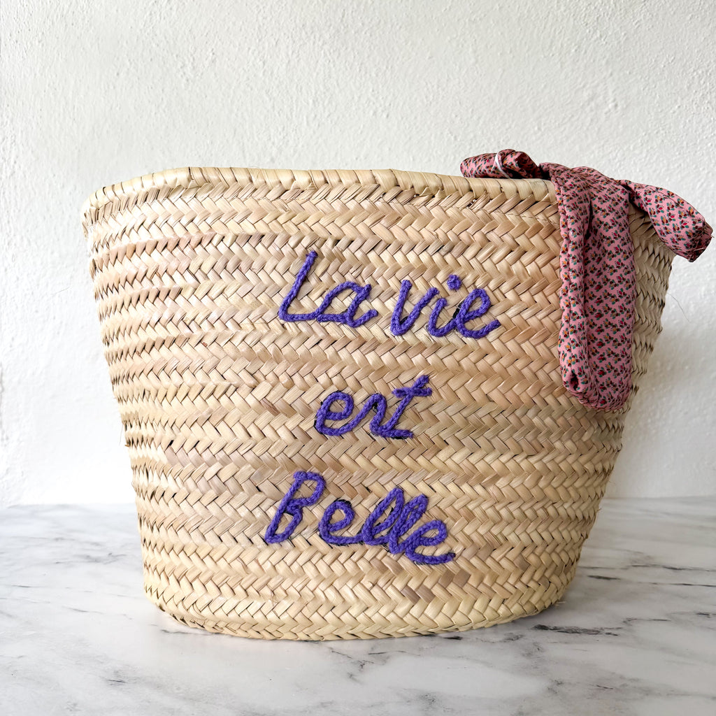 La Vie Est Belle Straw French Market Tote with Braided Leather Handles & Scarf