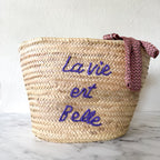 La Vie Est Belle Straw French Market Tote with Braided Leather Handles & Scarf