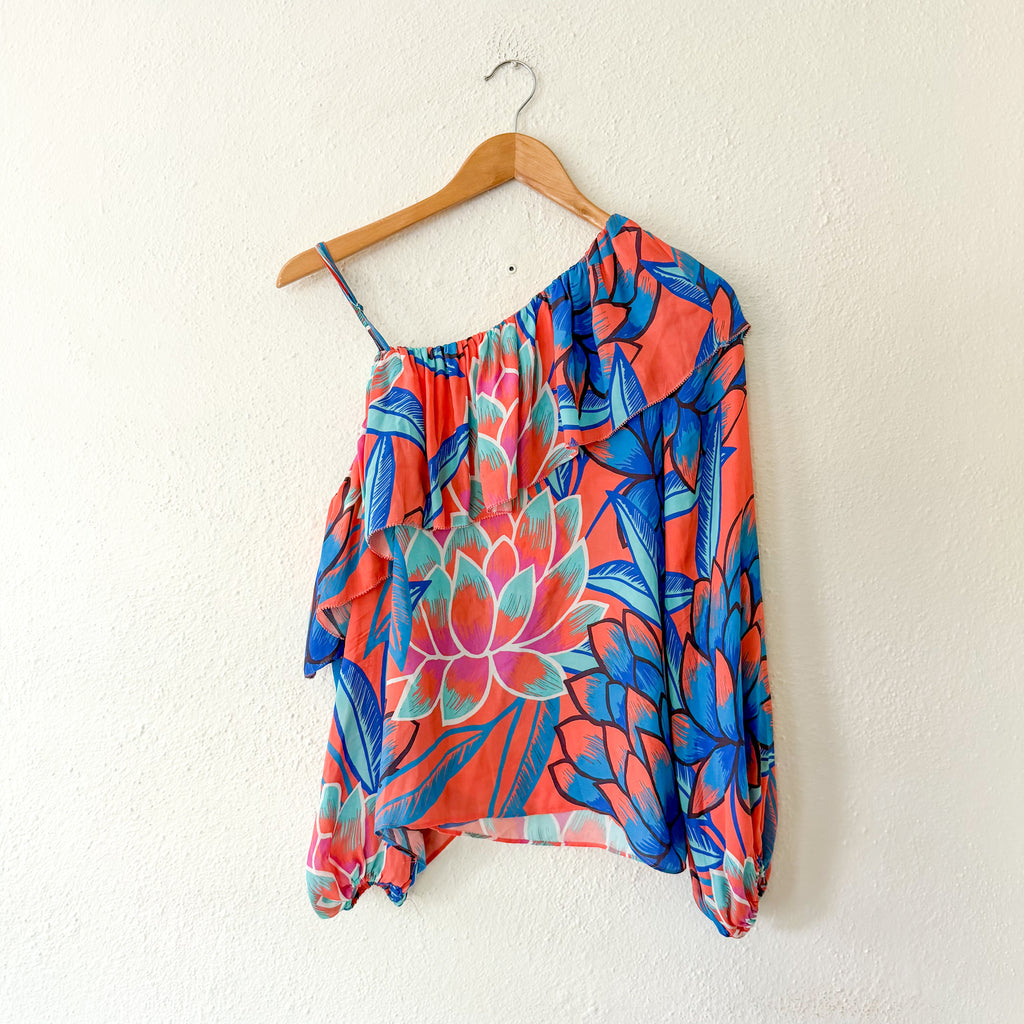Parker NY Tropical Floral Silk Ruffle Off-The-Shoulder Top | XS