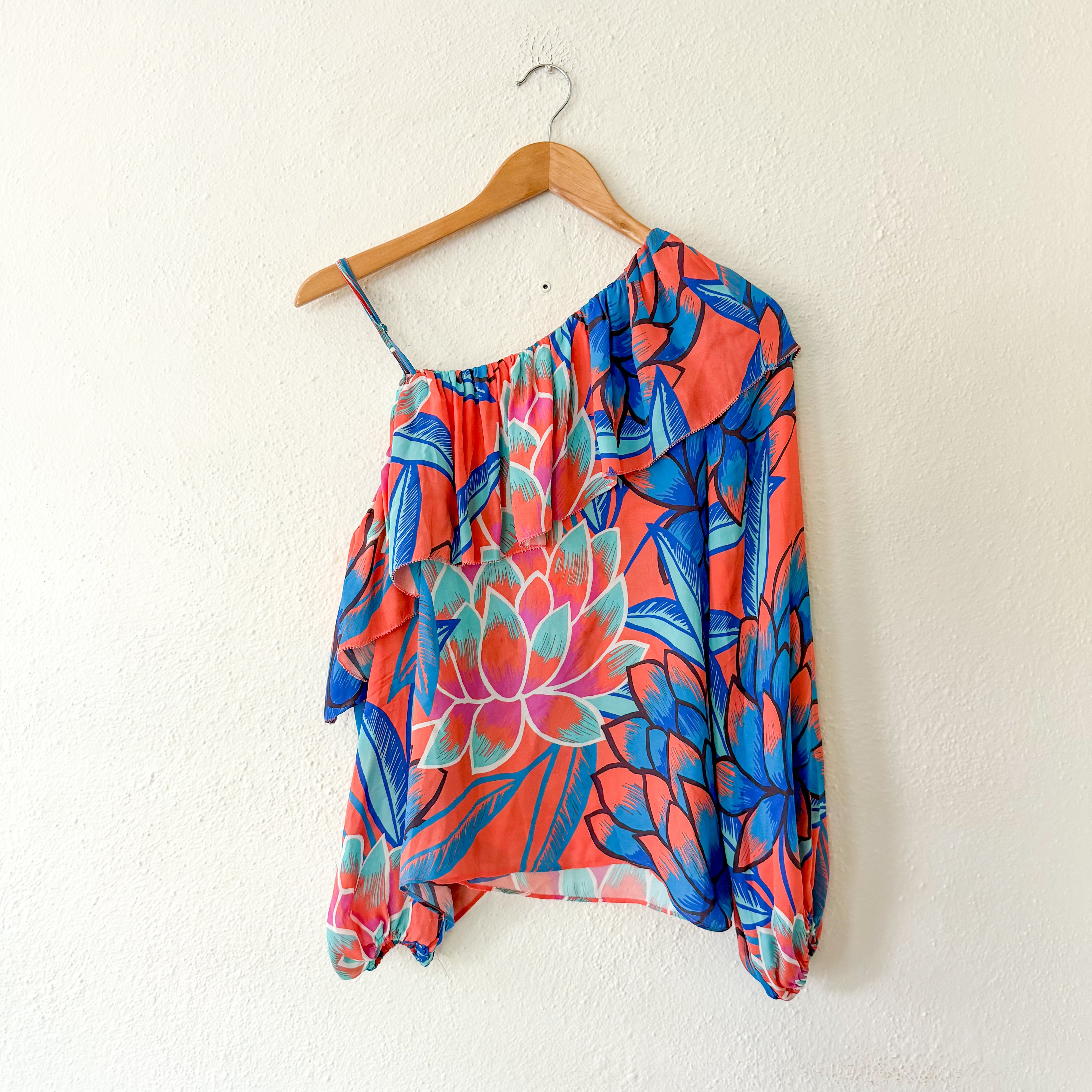 Parker NY Tropical Floral Silk Ruffle Off-The-Shoulder Top | XS