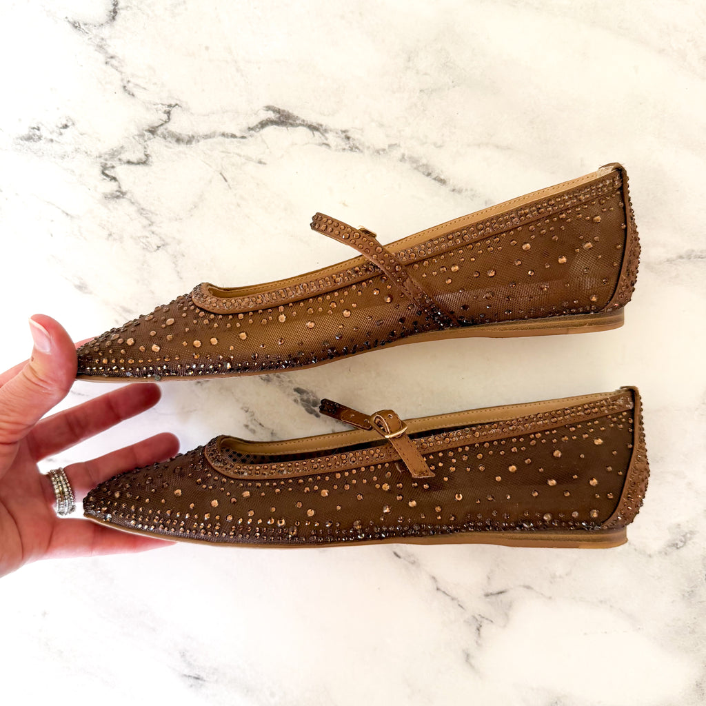 Dolce Vita Reyes Crystal Embellished Ballet Flats in Brown Mesh | 6.5