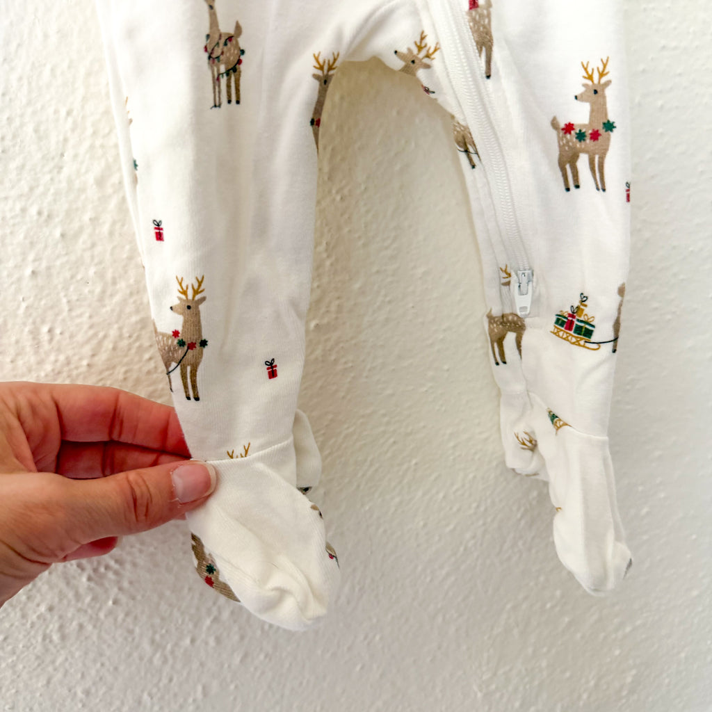 Petit Lem Organic Cotton Holiday Cream Reindeer 2-Way Zipper Footed Sleeper | 3-6m