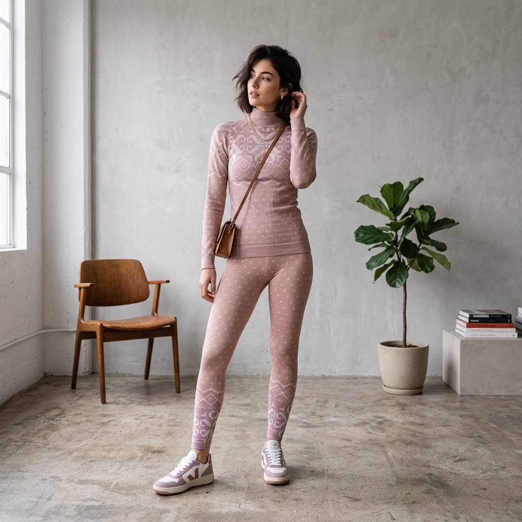 Sweaty Betty Modal Fair Isle Jacquard Seamless Base Layer Leggings in Blush | XS
