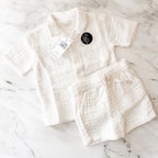 Next Baby Boys Ecru Texture Plain Revere Collar Short Sleeve Shirt + Shorts Set | 6-9m
