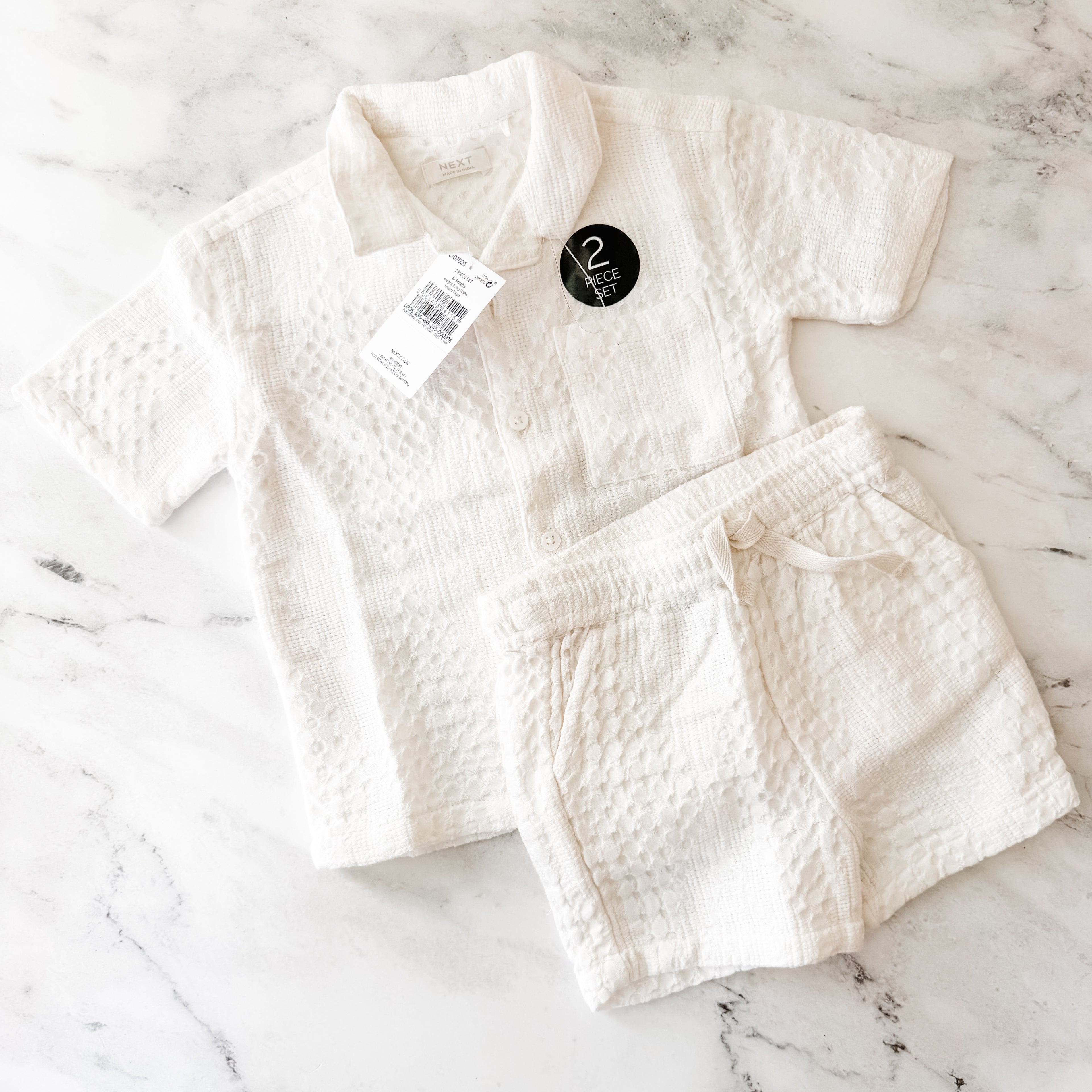 Next Baby Boys Ecru Texture Plain Revere Collar Short Sleeve Shirt + Shorts Set | 6-9m