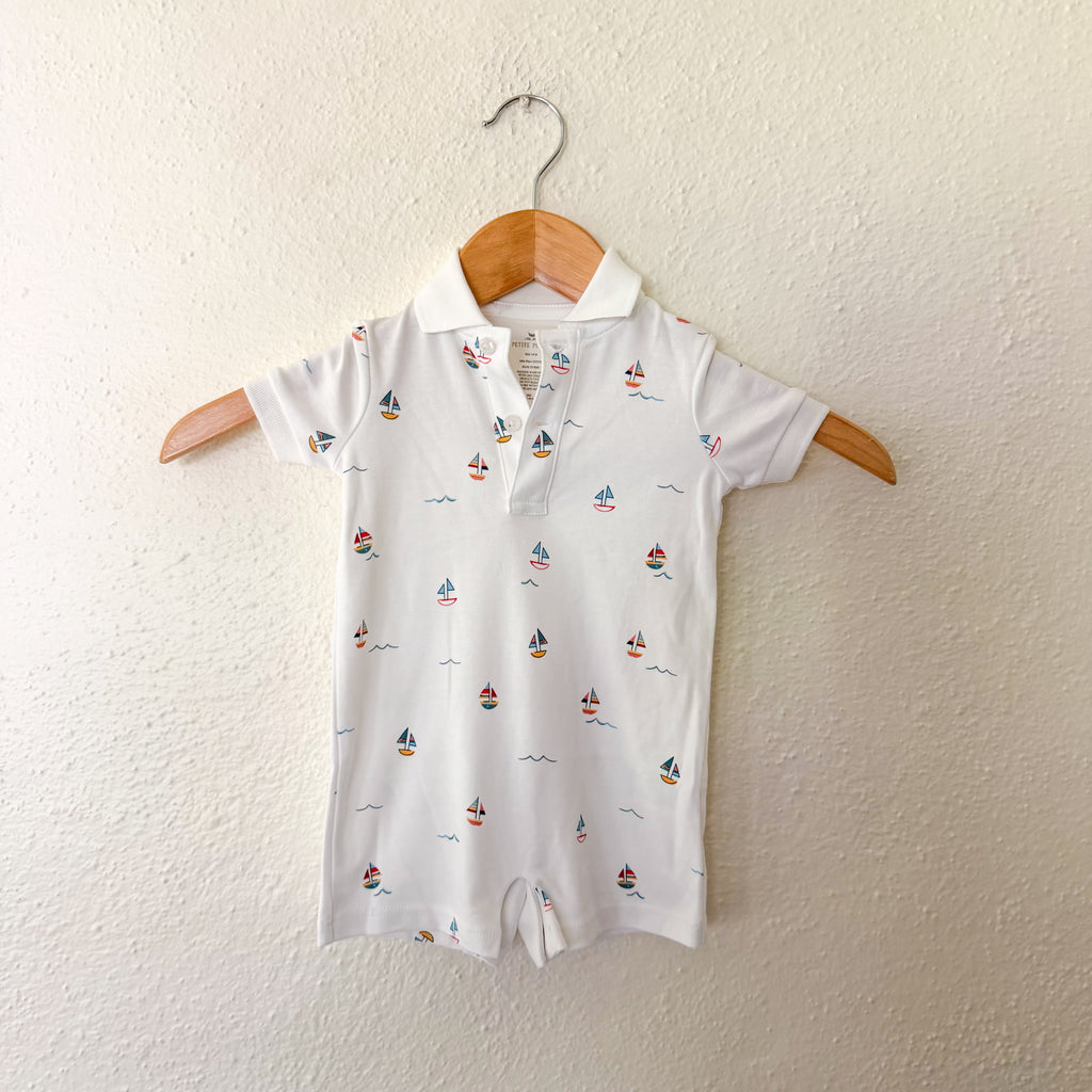 Petite Plume 100% Pima Cotton White Sailboat Collar Short Sleeve Romper | 3-6m