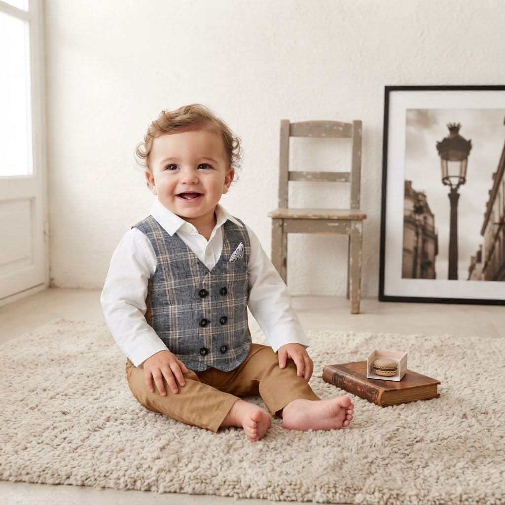 Next Black Taupe Plaid Suit Vest + White Oxford Shirt Set | 9-12m