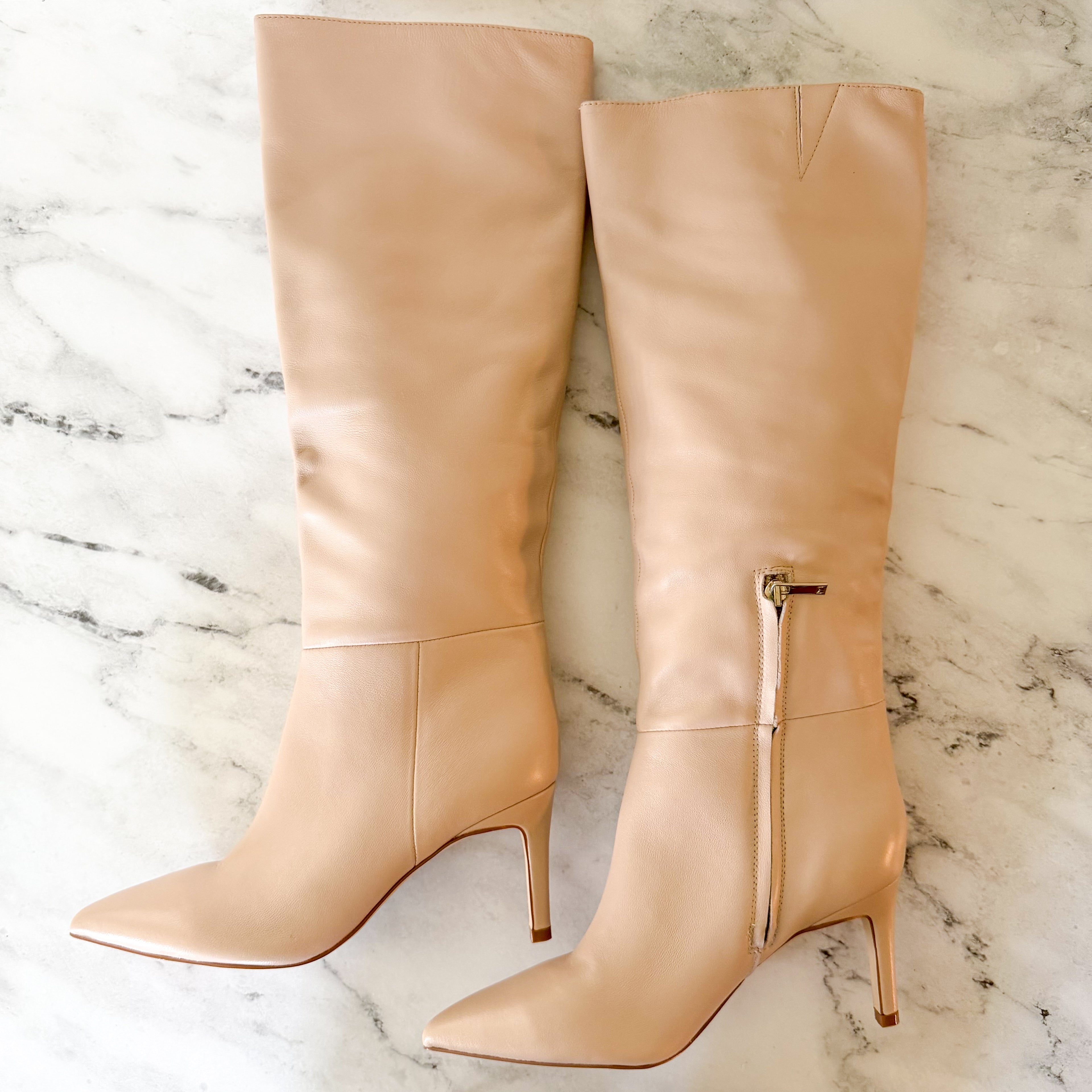 Marc Fisher Georgiey Pointed Toe Knee High Boot in Cream | 6.5