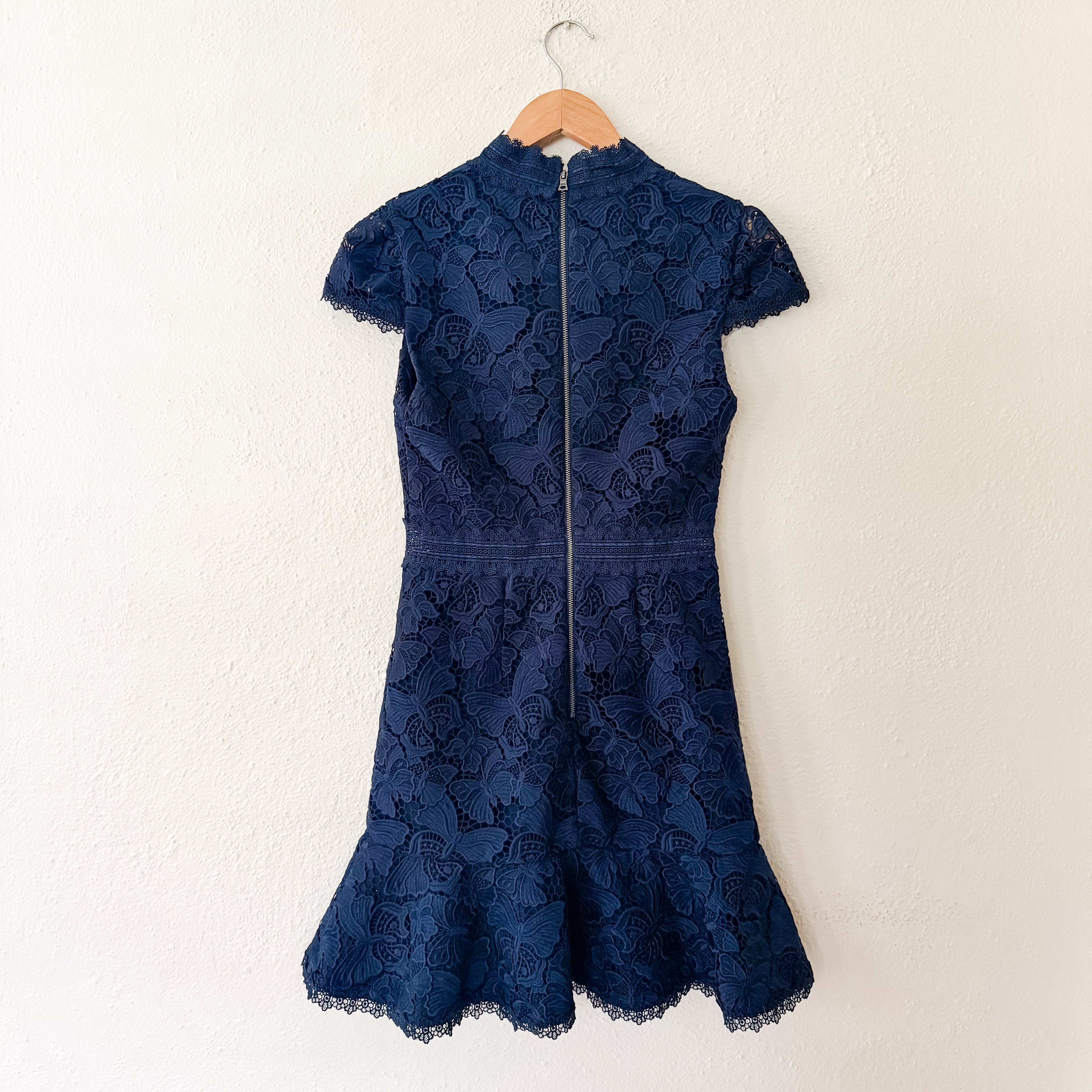 Alice + Olivia Diona Navy Blue Broderie Butterfly Lace Mini Dress | 0