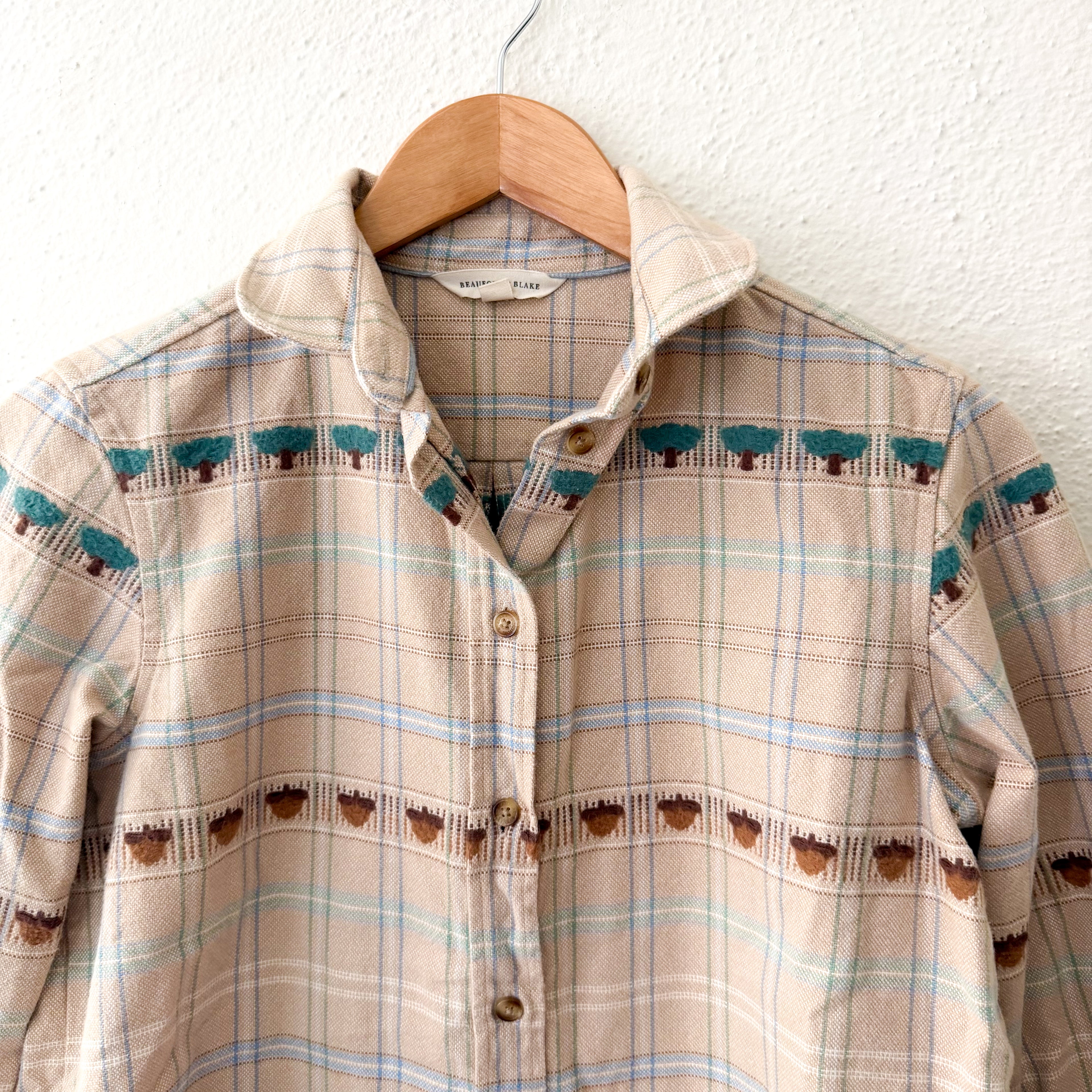 Beaufort & Blake Heavyweight Plaid Acorn & Tree Button Down Shacket | XS