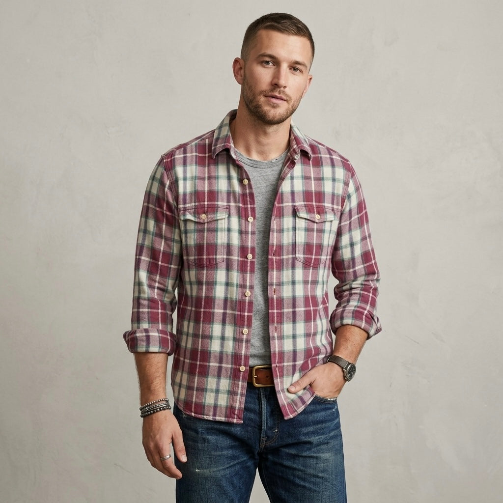 Lucky Brand Plaid Flannel Button Down Shirt Mauve Teal Classic Fit | M