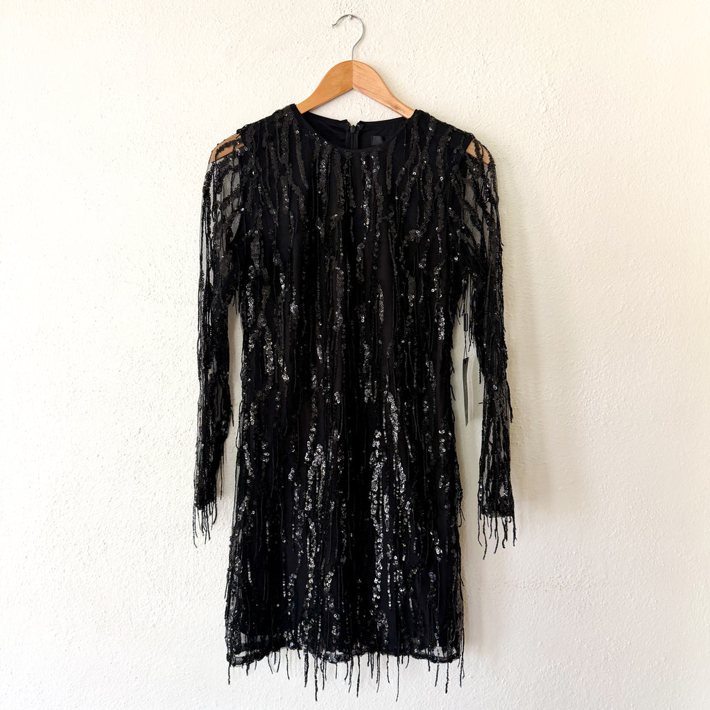 White House Black Market Black Long Sleeve Fringe Mini Dress | 0