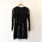White House Black Market Black Long Sleeve Fringe Mini Dress | 0