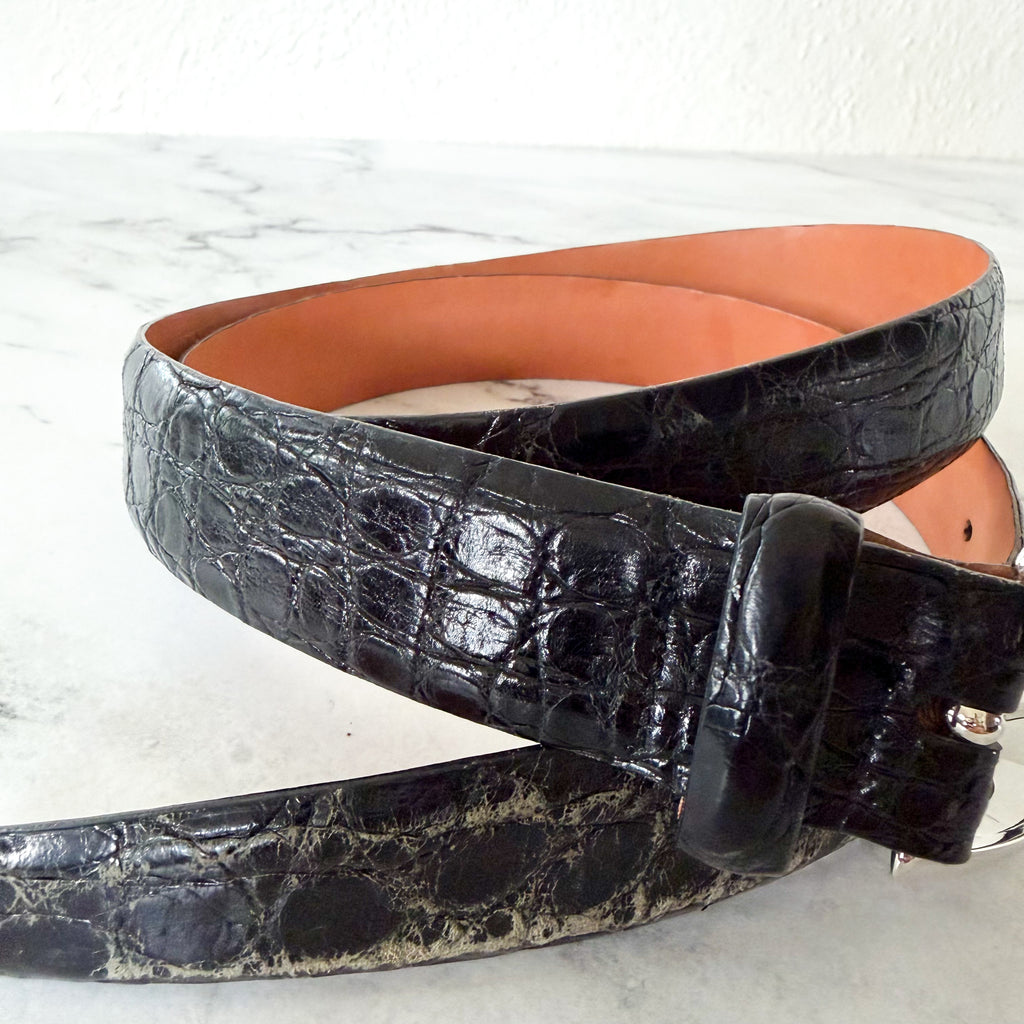 Martin Dingman Black Genuine Crocodile Leather Belt with Silver Buckle | 38