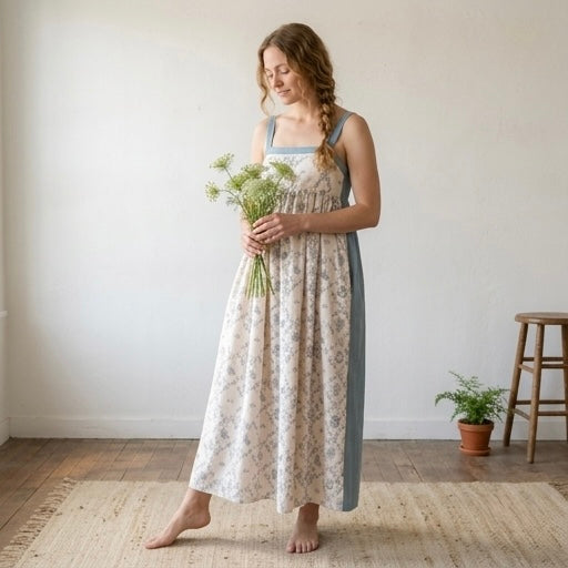 In Loom Blue & Cream Toile Empire Waist Maxi Dress | S