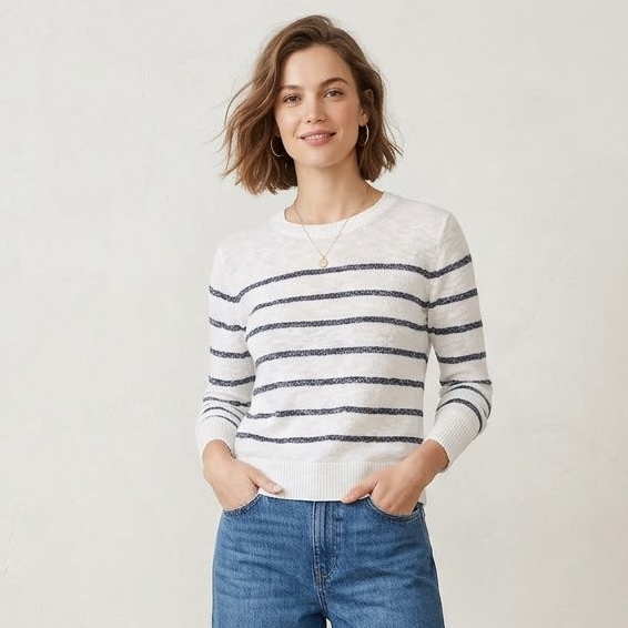 J.Crew White Navy Stripe Crewneck Beach Sweater | XS