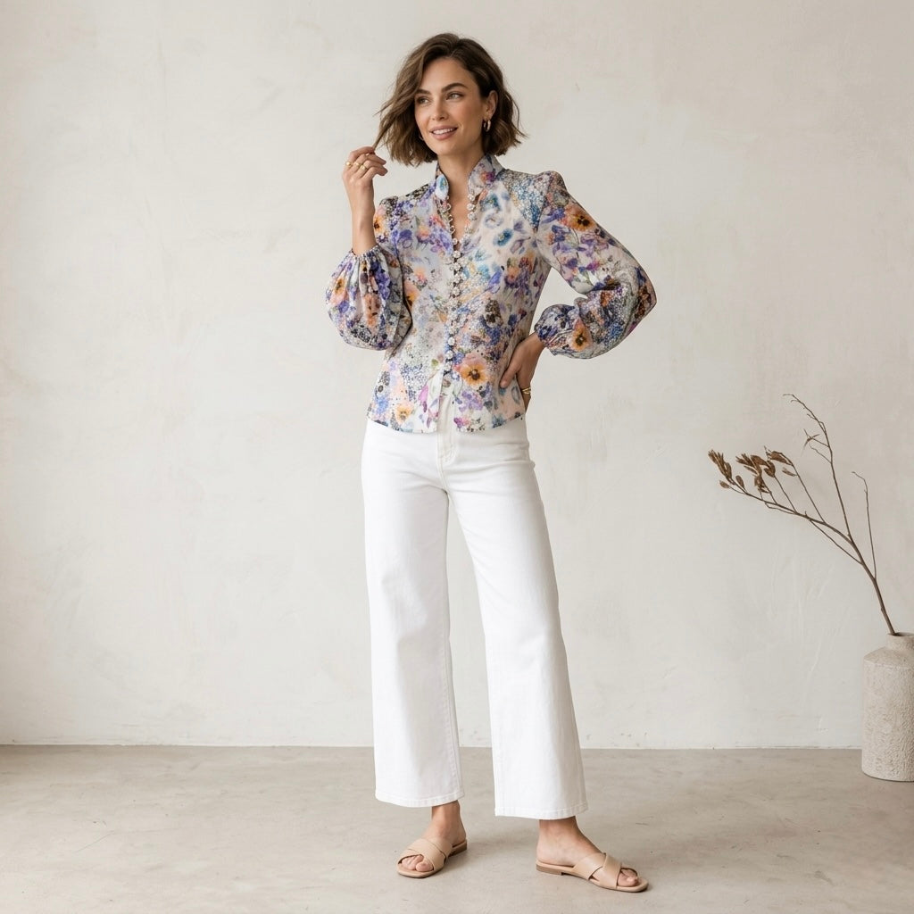 Zimmermann Petite Tama Ramie Pansy Floral Long Sleeve Sheer Blouse | 0P