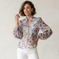 Zimmermann Petite Tama Ramie Pansy Floral Long Sleeve Sheer Blouse | 0P