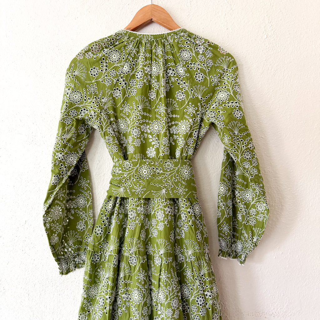 ME+EM Bespoke Contrast Green Broderie Long Sleeve Midi Dress | 0