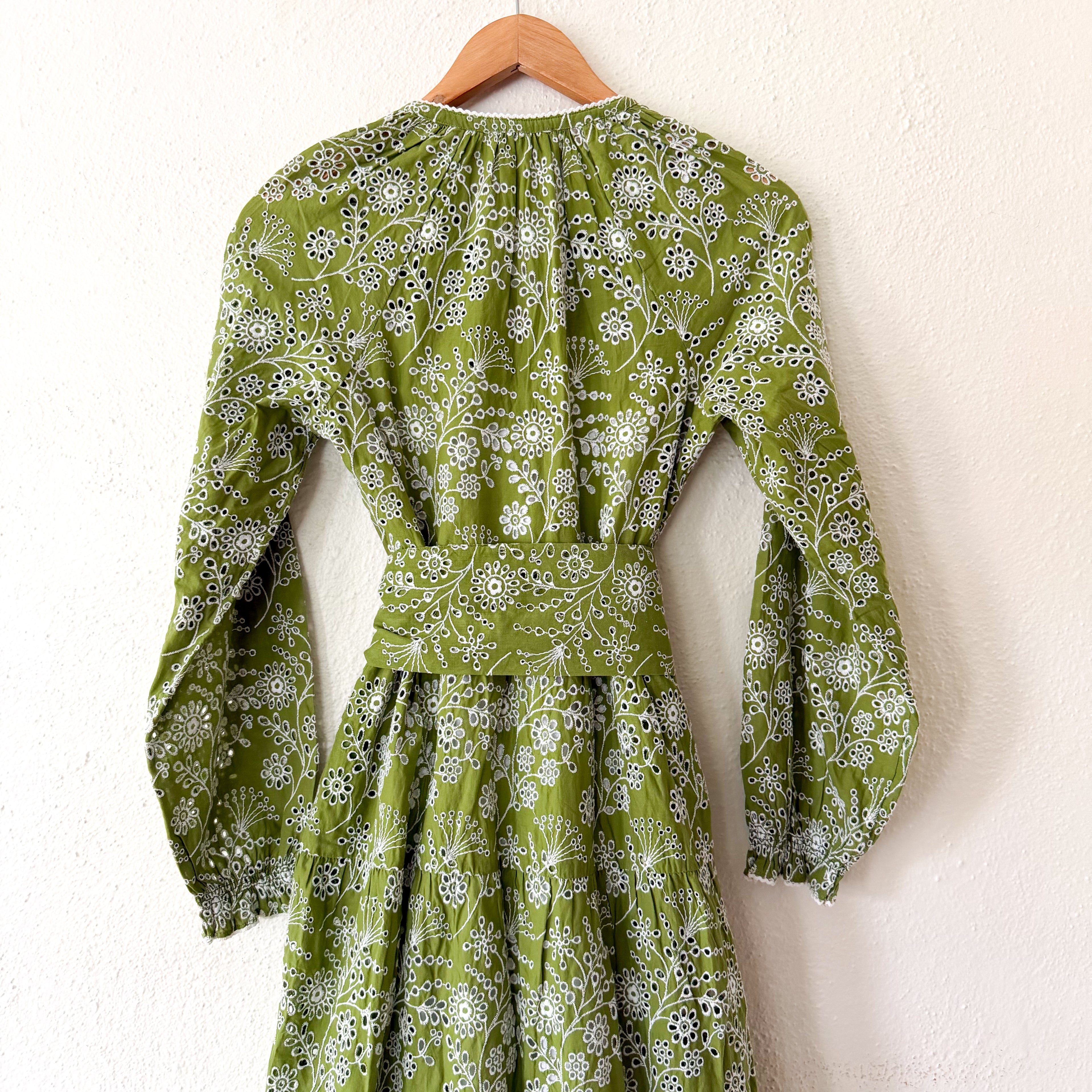 ME+EM Bespoke Contrast Green Broderie Long Sleeve Midi Dress | 0