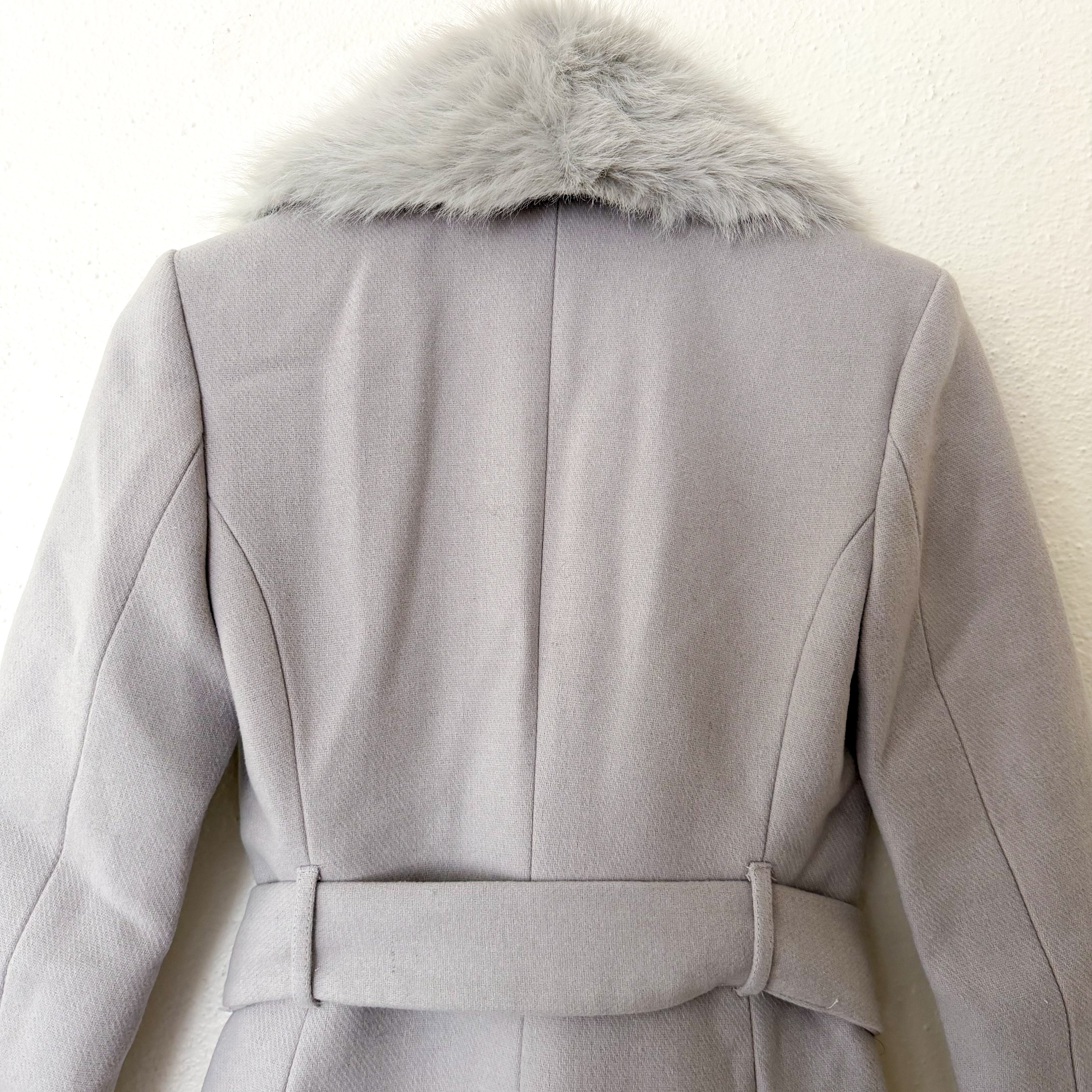 Mango MNG Detachable Faux Fur Collar Longline Wool-Blend Belted Coat in Ice Grey | XXS