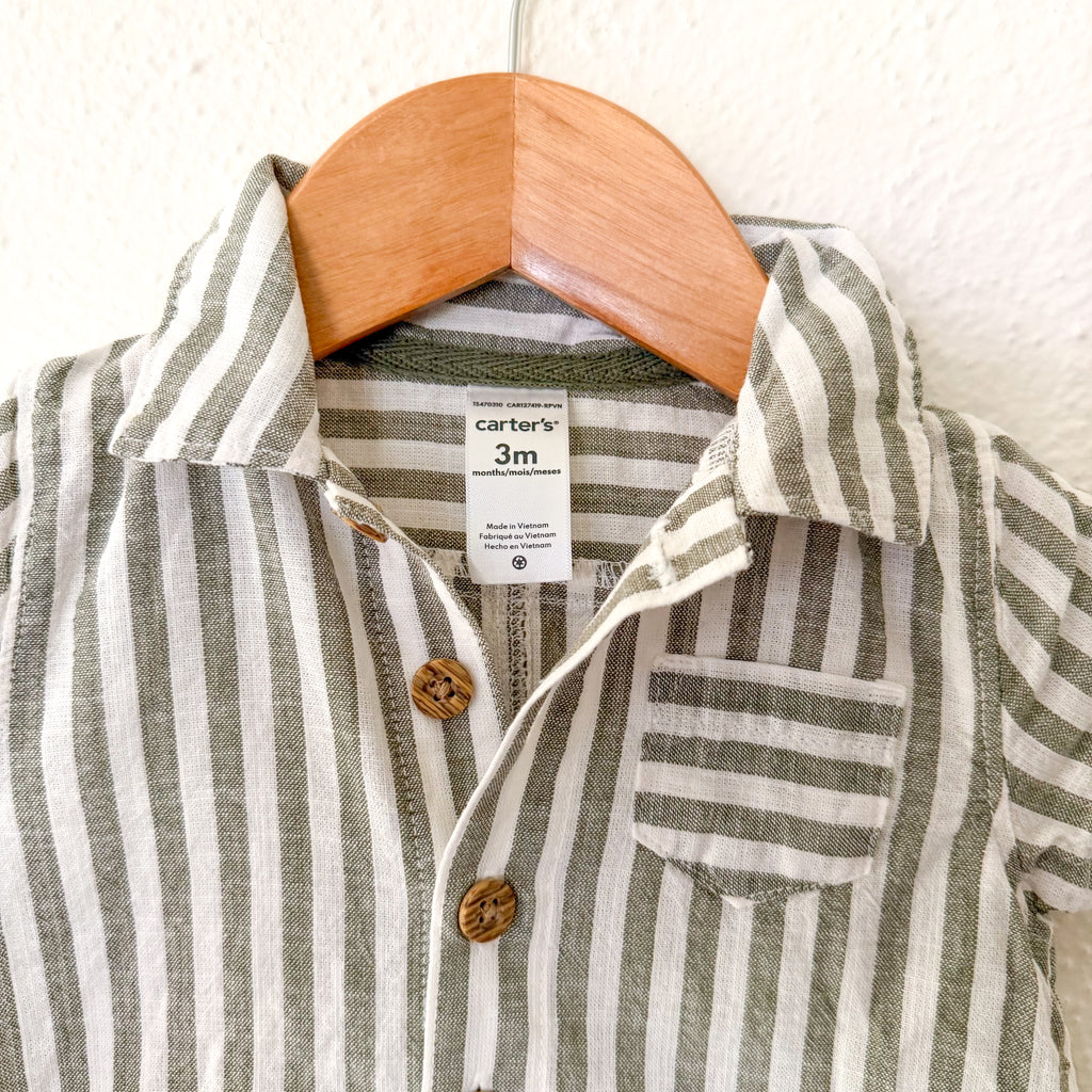 Carter's Olive Green Cream Stripe Cotton Button Down Romper | 0-3m