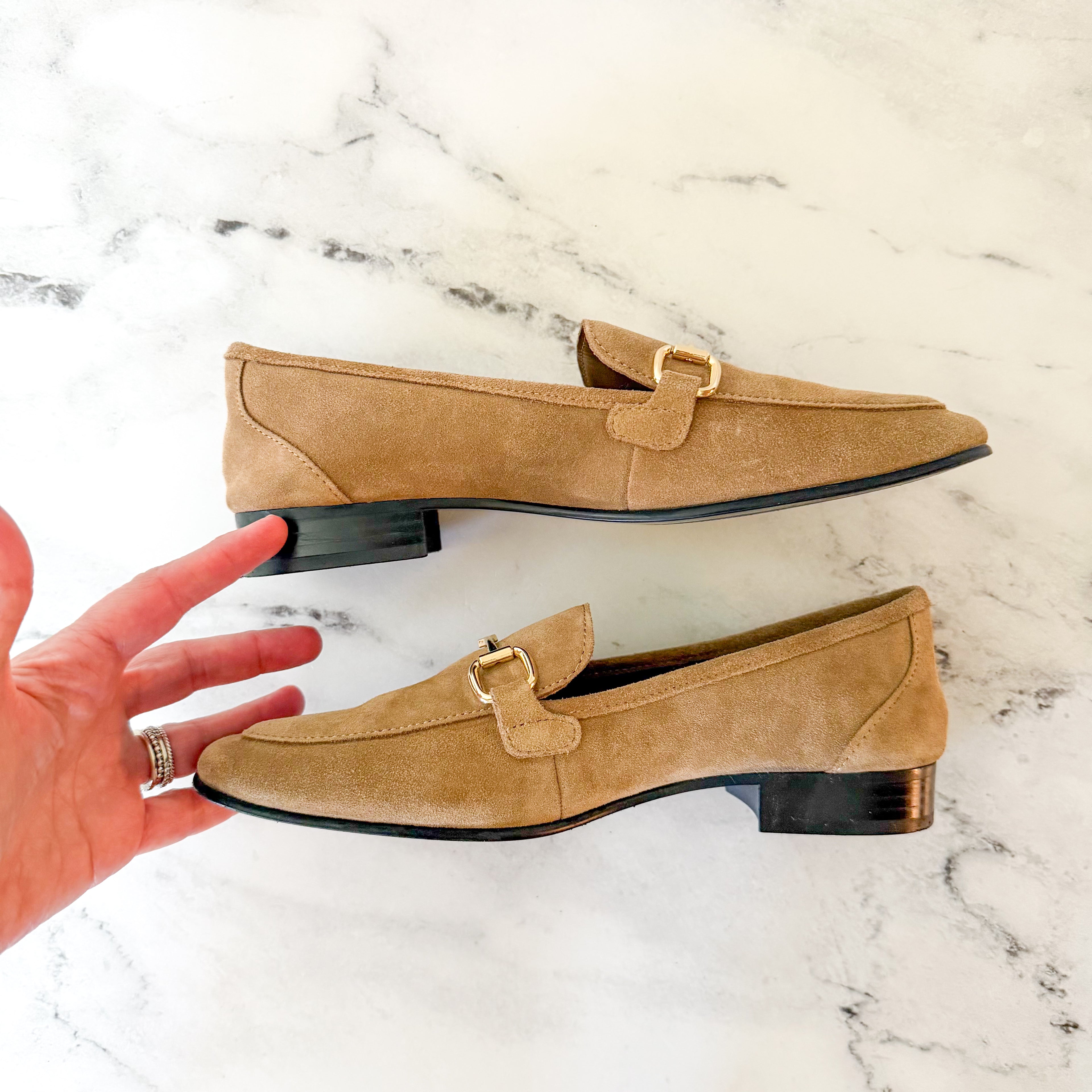 MNG Mango Suede Horsebit Buckle Loafers in Caramel, sz 37/US 6.5