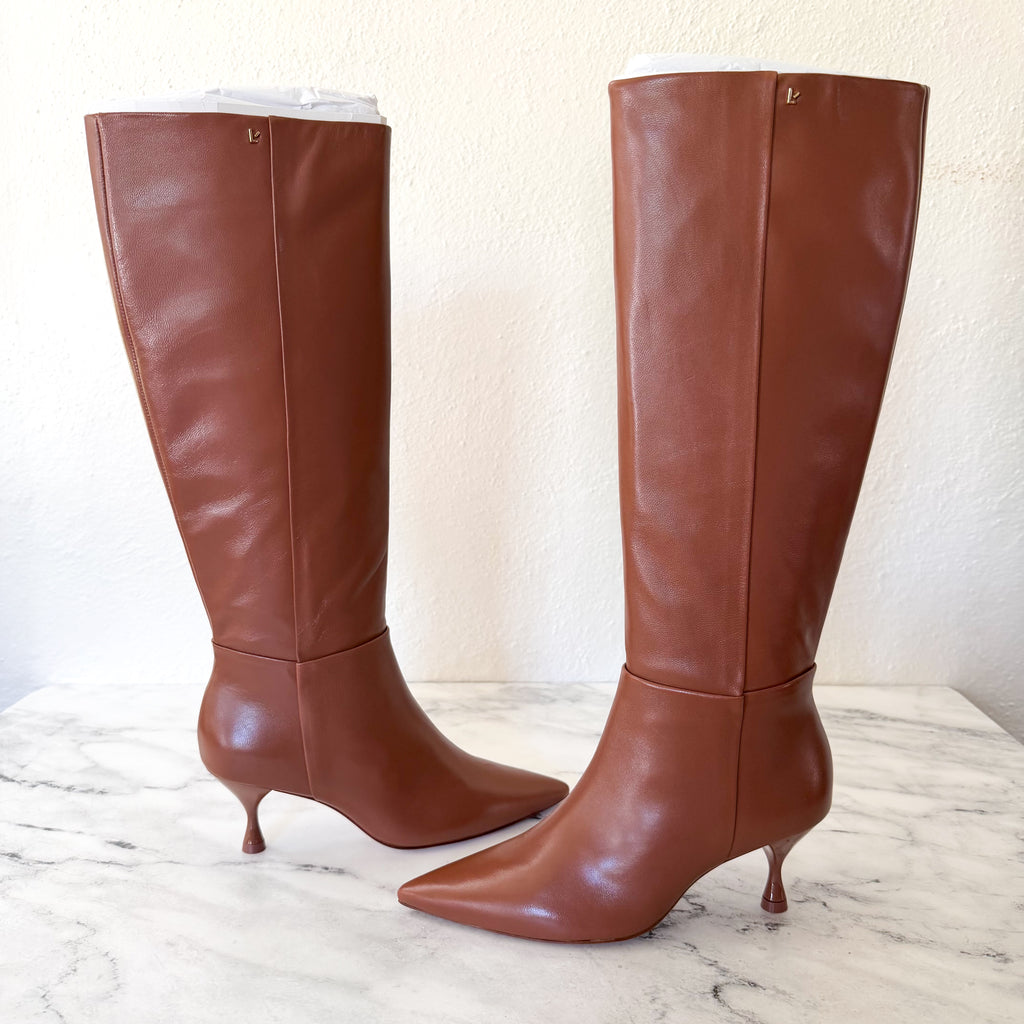 Larroudé Georgia Pointed Toe Boots in Shine Kids Skin Caramel | 6.5