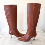 Larroudé Georgia Pointed Toe Boots in Shine Kids Skin Caramel | 6.5
