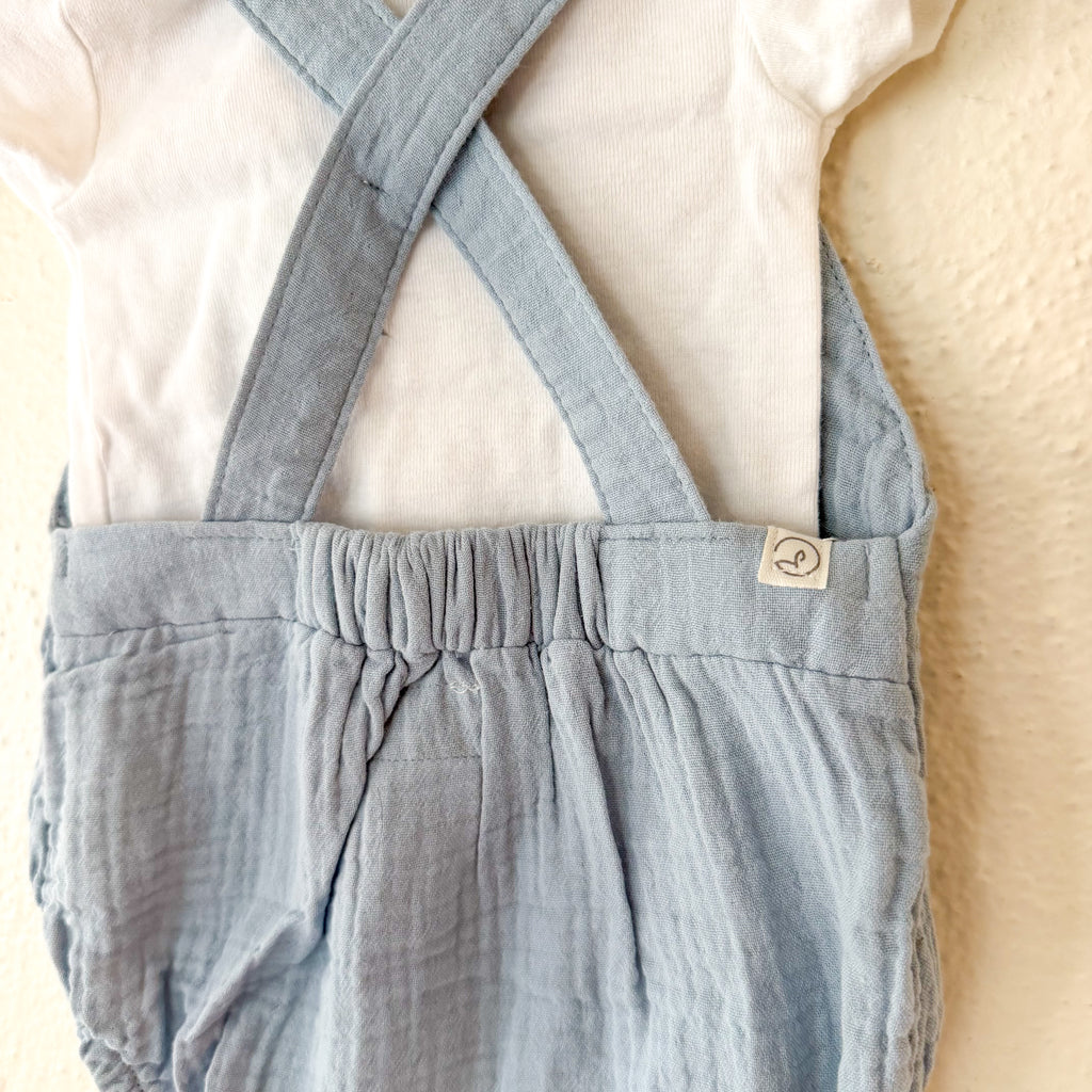Little Planet Organic Ocean Blue Gauze Bubble Romper Overalls + Gerber White Bodysuit | 6-12m