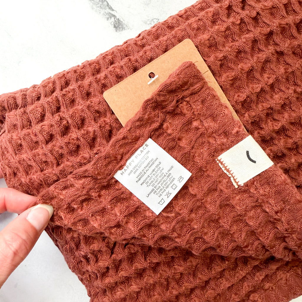 Happy Place Organic Cotton Waffle Knit Baby Blanket in Clay