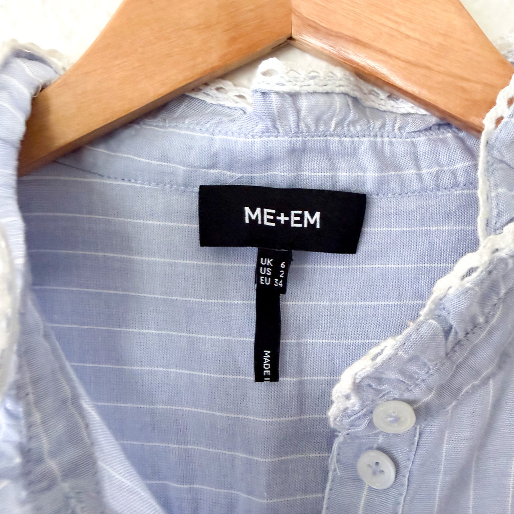 ME+EM Ruffle Mockneck Half Button Up Elbow Sleeve Cotton Blouse in Blue Stripe | 2