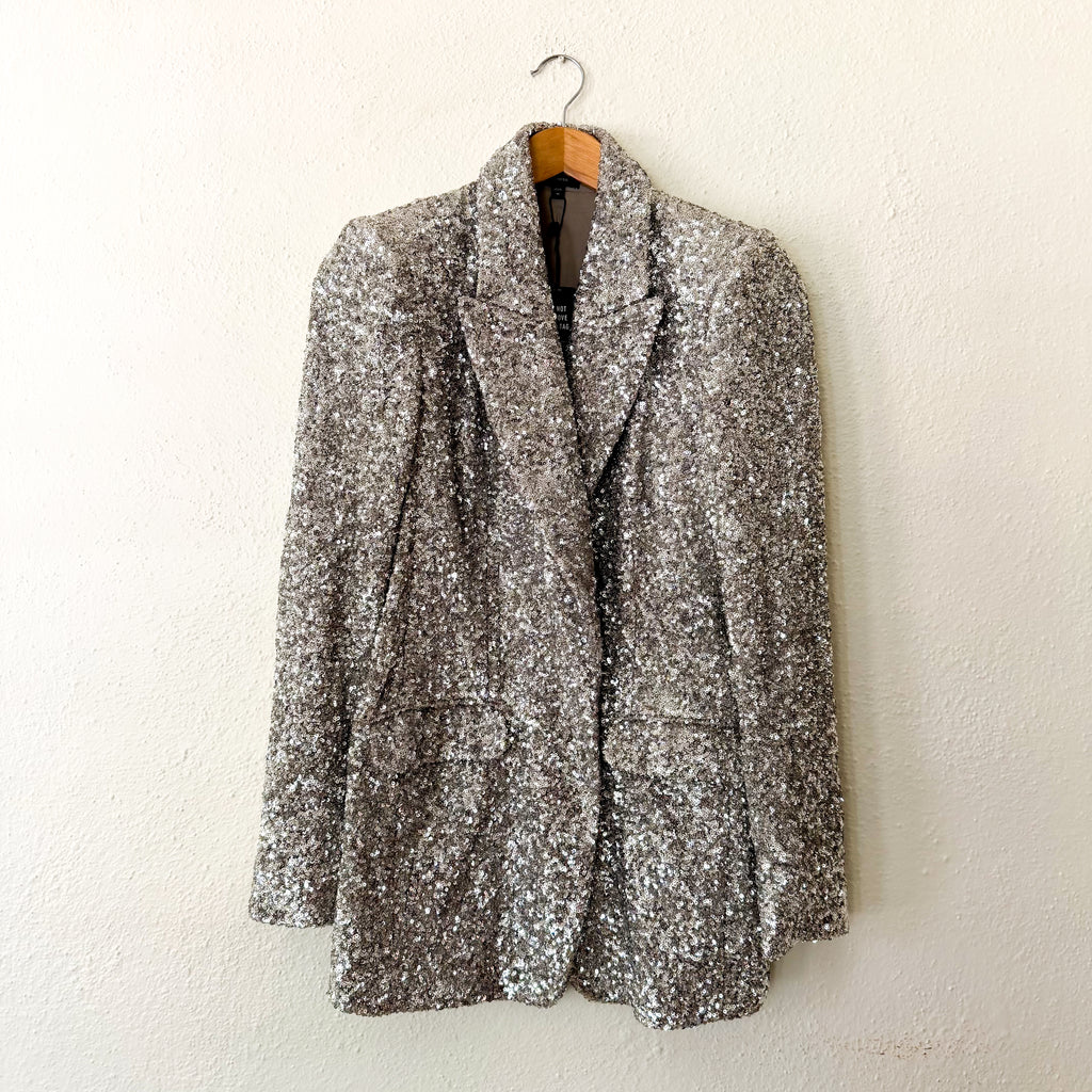 Express Silver Sequin One Button Boyfriend Blazer |  XS