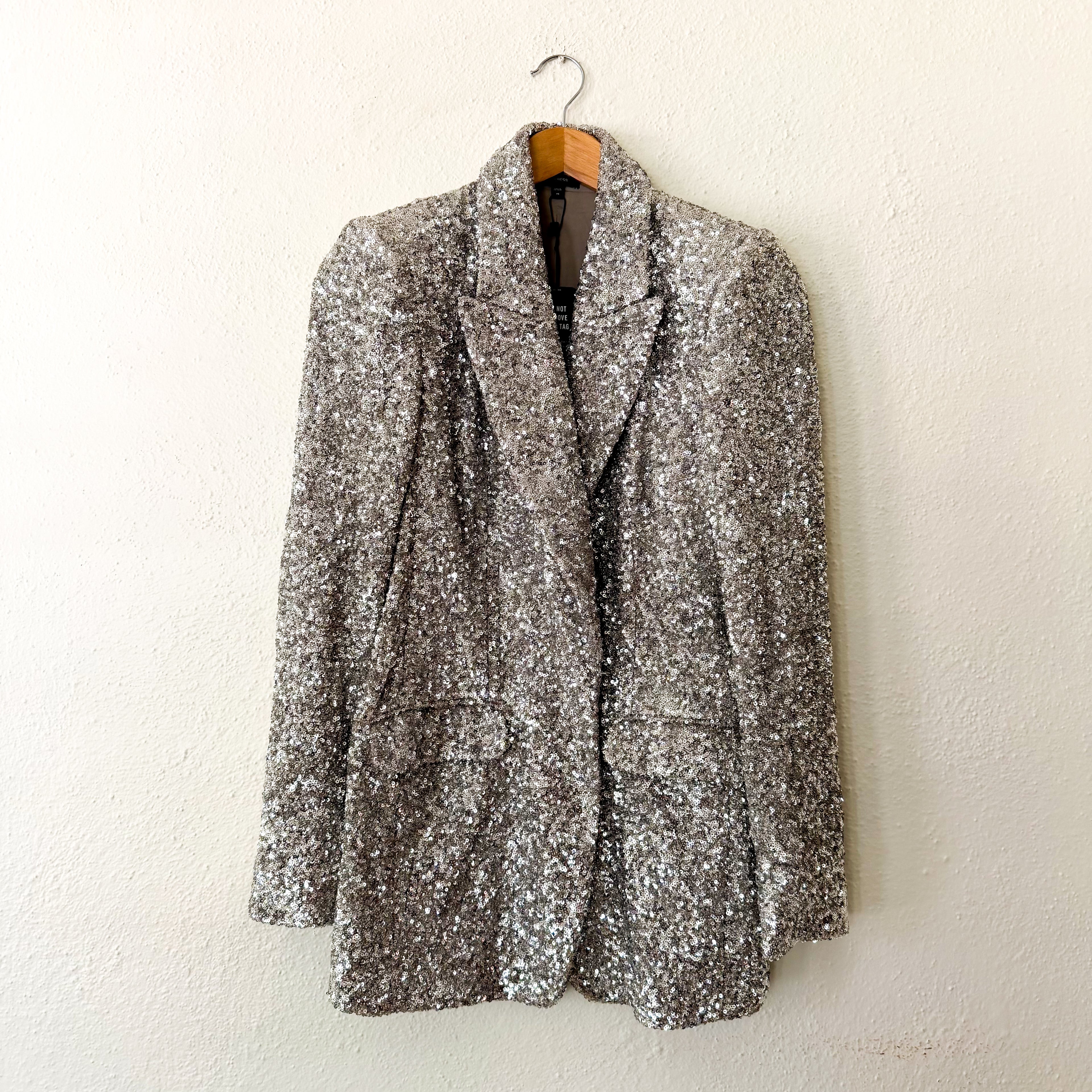 Express Silver Sequin One Button Boyfriend Blazer |  XS