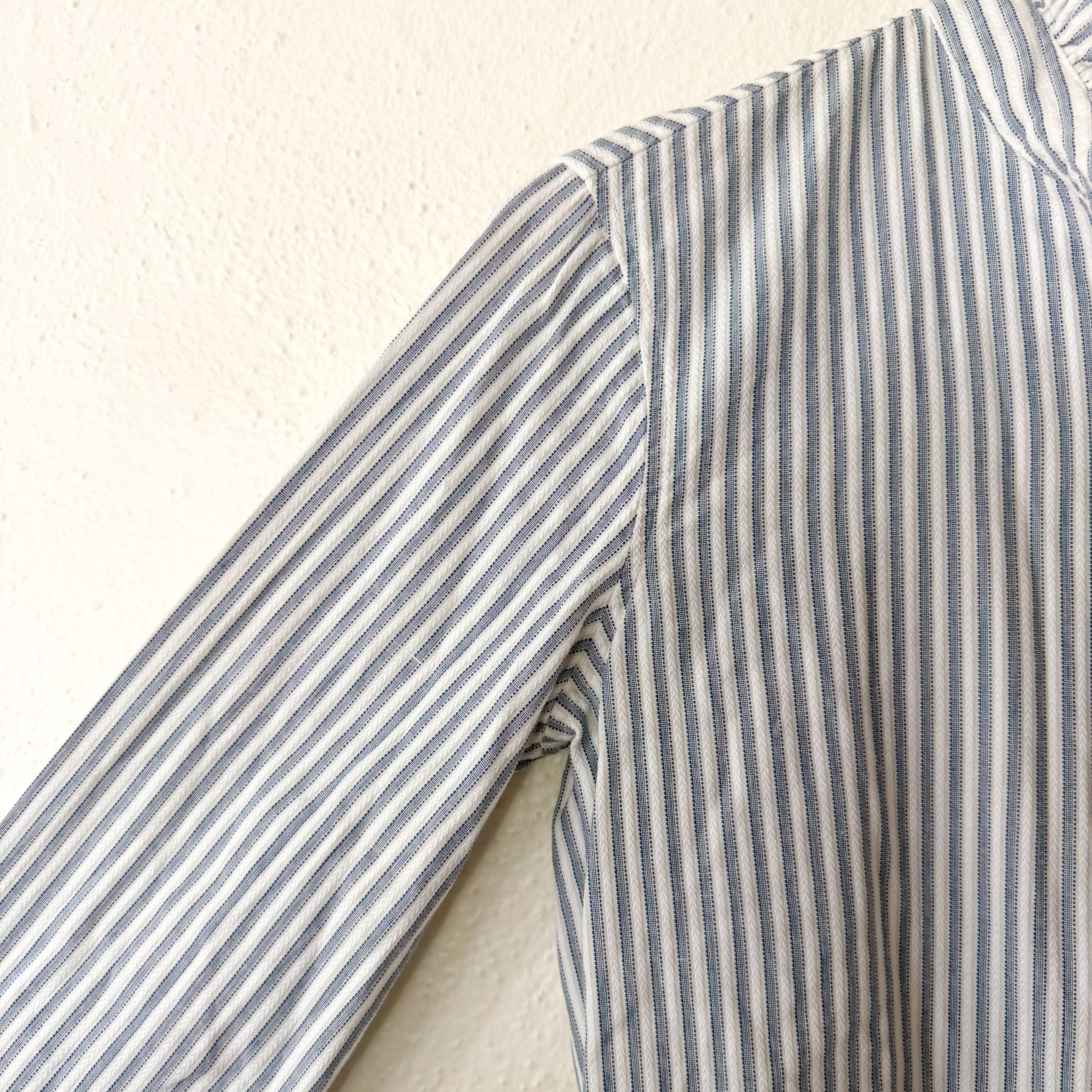 Rag & Bone Jordan Ruffle Neck Long Sleeve Button Up Shirt in Blue Stripe | S
