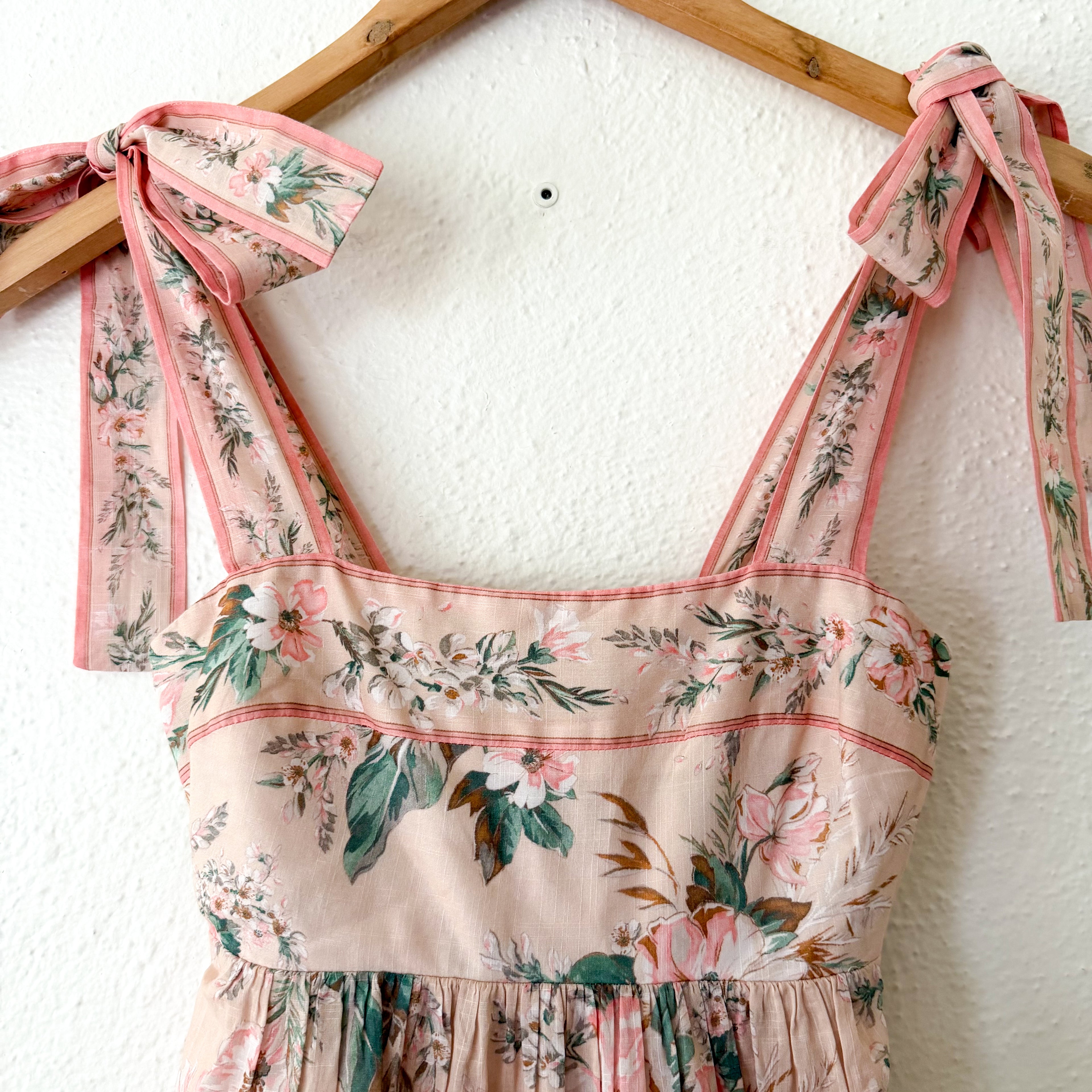 Zimmermann Pink Floral Moonshine Strappy Tie Shoulder Maxi Dress | 0P