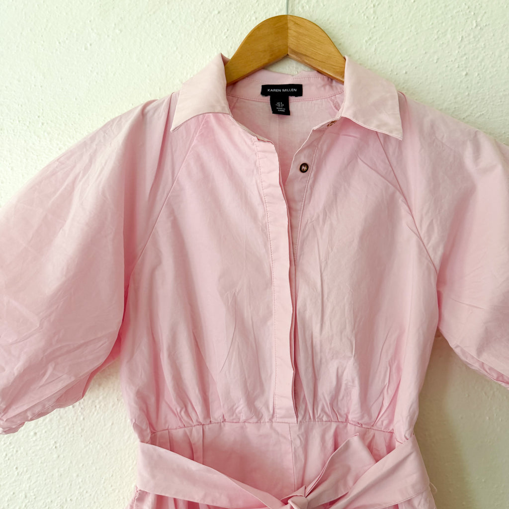 Karen Millen Pink Cotton Poplin Balloon Sleeve Button Down Romper | 2