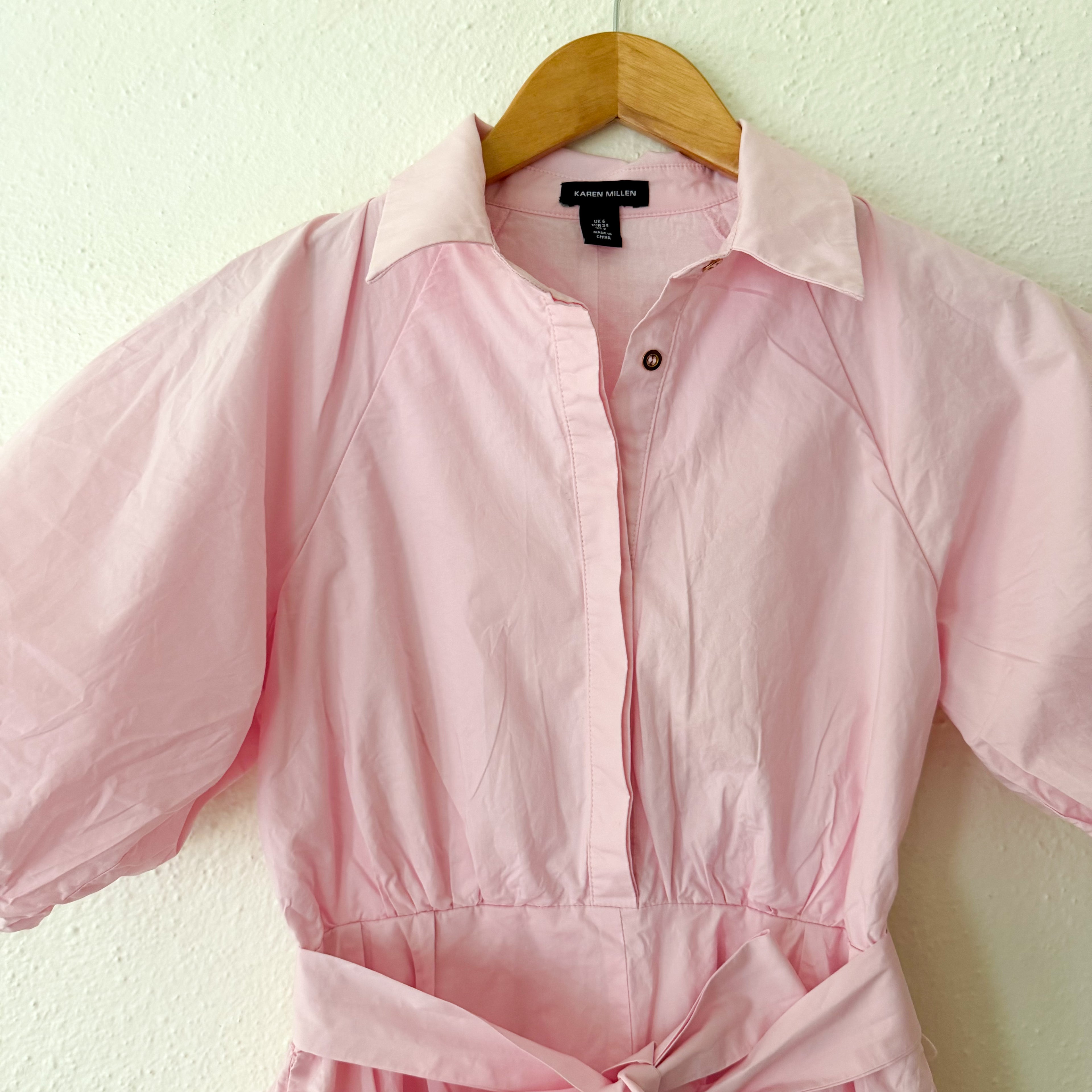 Karen Millen Pink Cotton Poplin Balloon Sleeve Button Down Romper | 2