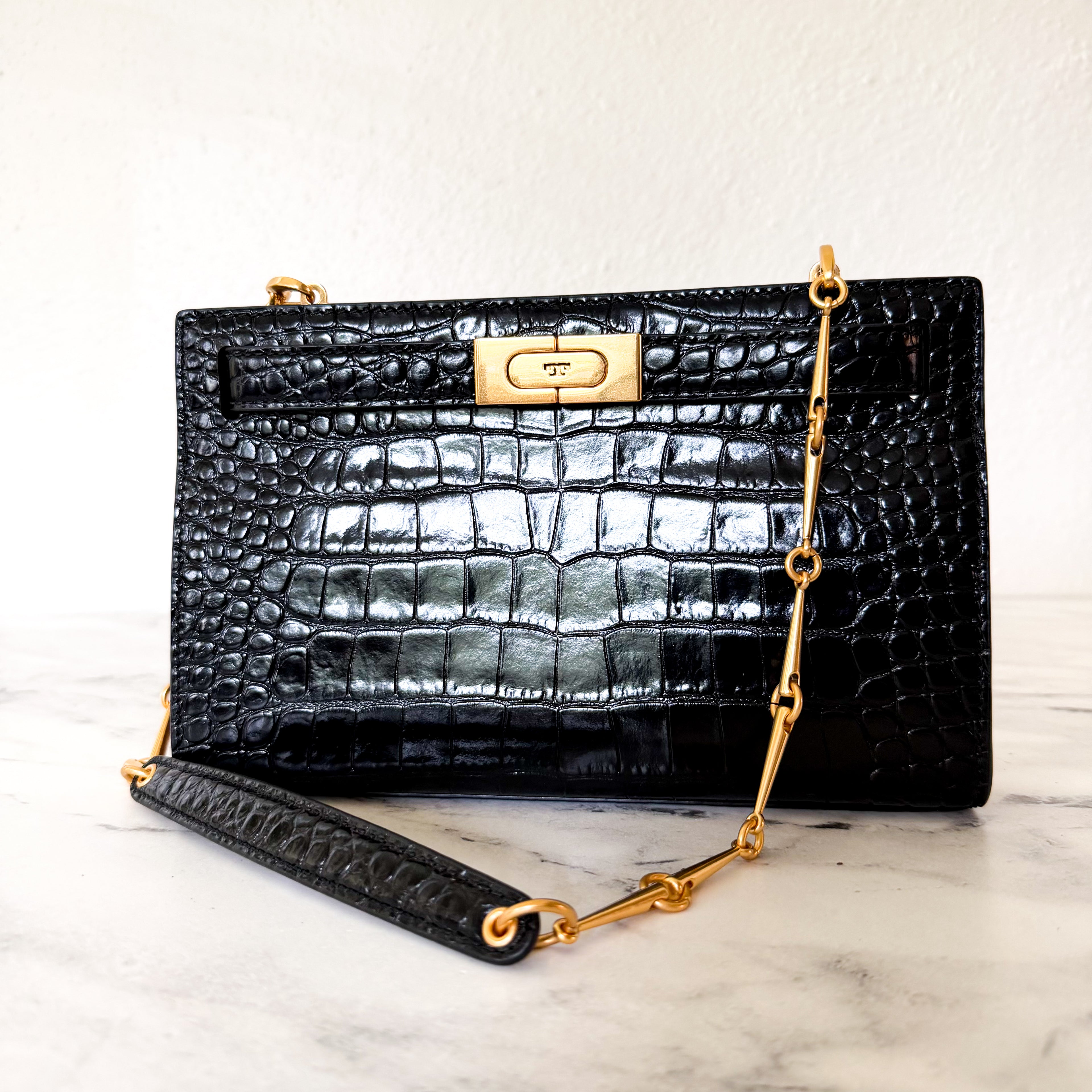 Tory Burch Lee Radziwill Black Croc-Embossed Leather Petite Bag