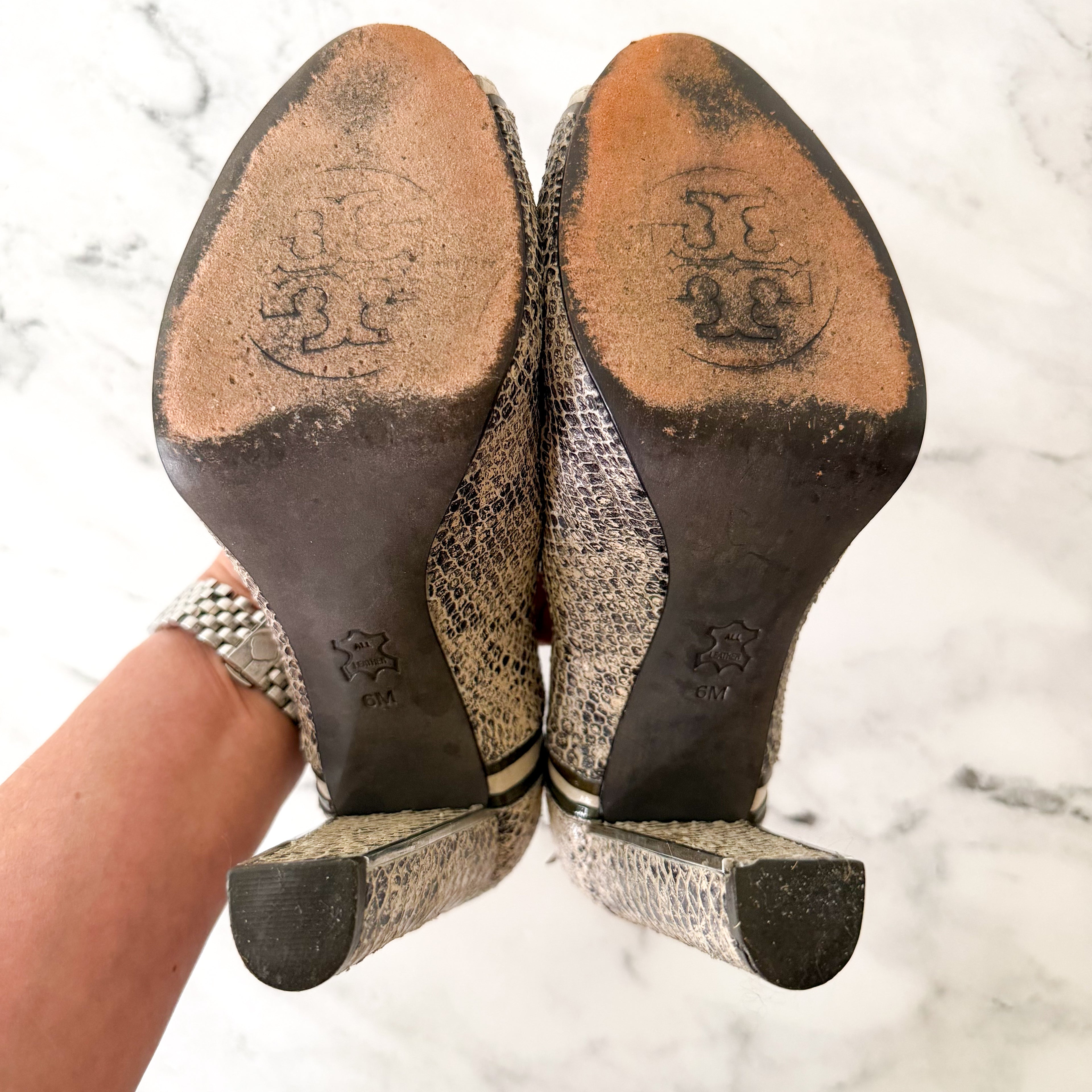 Tory Burch Matilda Pitone Rocha Snake Embossed Leather Block Peep Toe Heels | 6